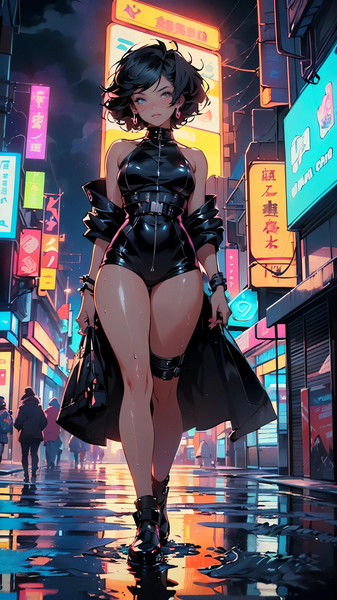 girl spacepunk,(((1girl))),((extremely cute and beautiful black haired anime girl walking down the street)),

(large breasts:1.4),saggy breasts,(((black wavy hair:1.35,absurdly long unkempt hair,messy hair,colored inner hair,ear breathing))),((purple eyes:1.3,upturned eyes:1.3,perfect eyes,beautiful detailed eyes,rainbow glows ultra-detailed deep pink purple eyes:1.1,gradient eyes:1,finely detailed beautiful eyes:1,symmetrical eyes:1,big highlight on eyes:1.2)),((fat)),(((lustrous skin:1.5,bright skin: 1.5,skin tanned,shiny skin,very shiny skin,shiny body,plastic glitter skin,exaggerated shiny skin,illuminated skin,wet legs))),(spider lower abdomen,narrow waist,wide hip,athletic body,inflated legs,delicate detailed fingers,detailed body,human hands,(detailed face)),

cute,slutty,seductive,erotic,(((nsfw))),

zettai ryouiki,revealing clothing,show skin,(wearing a mechanical space body armor:1.3,micro bikini,bare legs),with micro clothes,almost totally naked,with little clothing,tiny thong,generous neckline,((detailed outfit,detailed clothes)),

(dynamic pose:1.0),solo focus,embarrassed,centered,scale to fit dimensions,Rule of thirds,

((((cyberpunk city by the ocean,huge buildings,neon signs,puddles)))),stormy sky,threatening sky,dark clouds,((synthwave background theme,detailed background : 1.25)),((((night,nice lighting decorations,detailed architecture)))),

(best quality,high resolution,sharp focus,ultra detailed,extremely detailed,extremely high quality artwork,(realistic,photorealistic:1.37),8k_wallpaper,(extremely detailed CG 8k),(very fine 8K CG),((hyper super ultra detailed perfect piece)),flawless,(((masterpiece))),illustration,vibrant colors,(intricate),High contrast,Selective lighting,Double exposure,HDR (High Dynamic Range),Post-processing,Background blur,