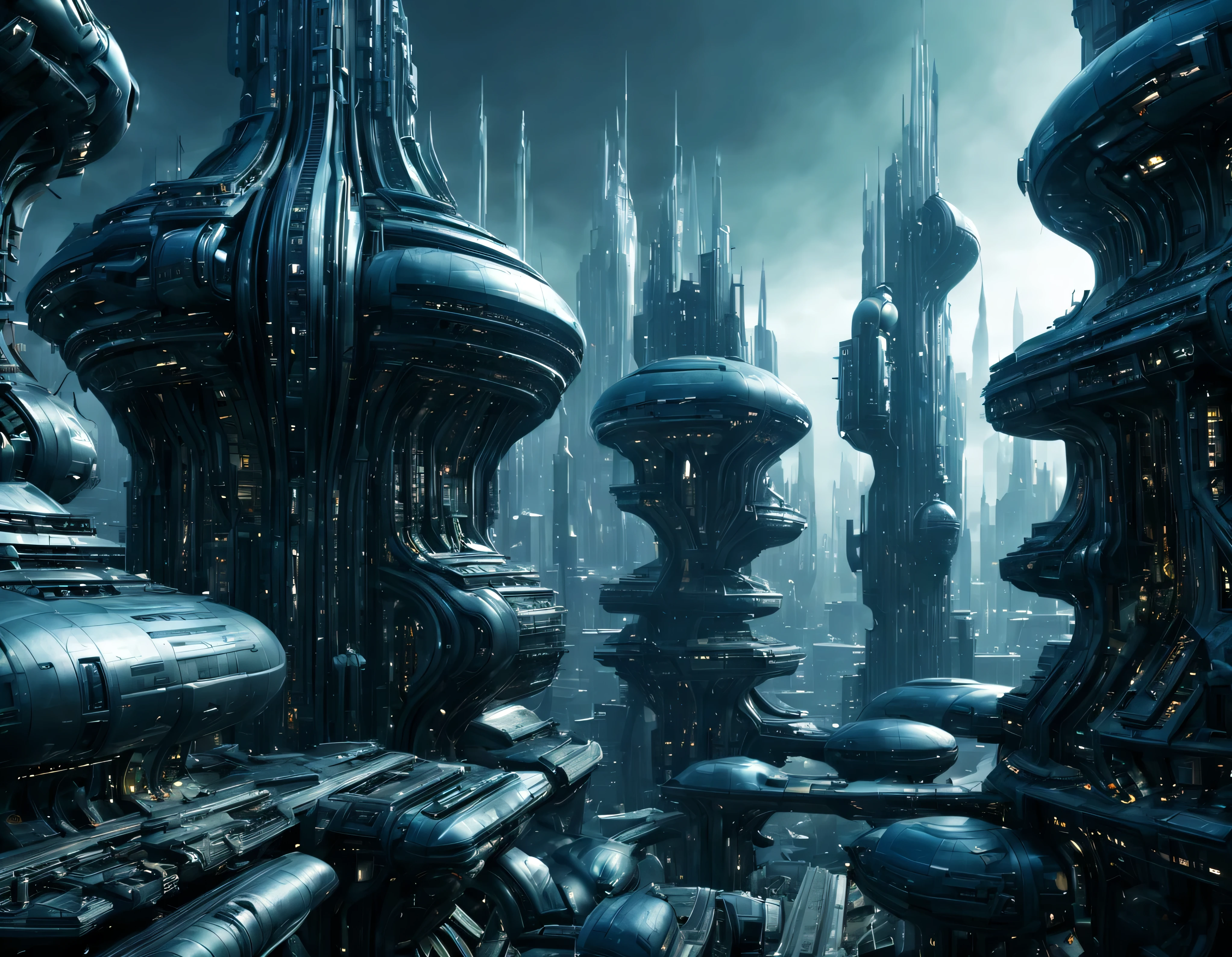 street of an extraterrestrial alien city with futuristic and technological architecture in its metal and glass conglomerado de buildings, some aliens walking around, ventanas iluminadas, all full of imagination, science fiction and (intrincados detalles de la maquina).imagen fotorrealista, Maximum sharpness, calidad 8k.(obra maestra de calidad superior). 3D.