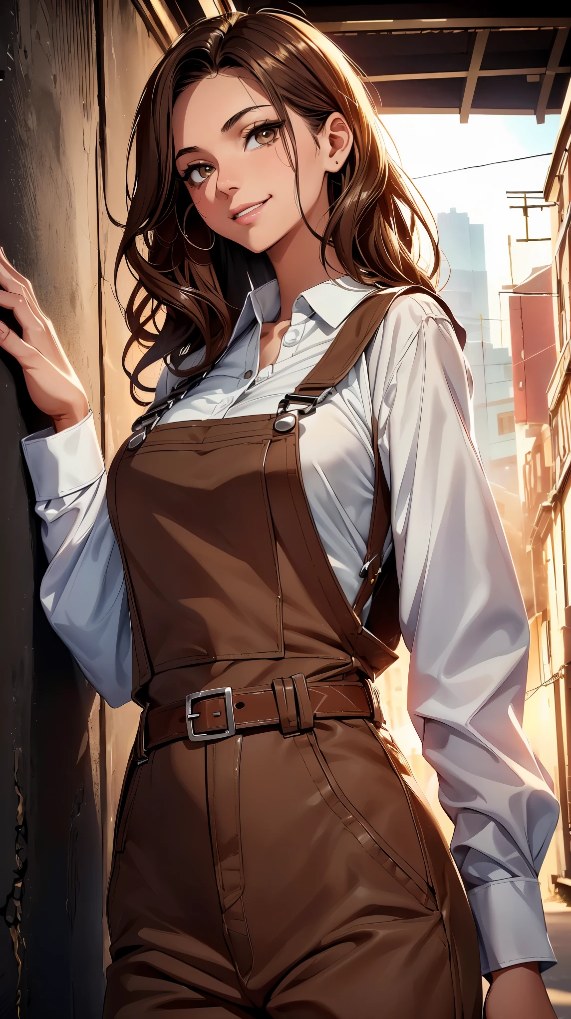 (8K, RAW photo, 最high quality, masterpiece: 1.2), High-definition RAW color photo, Professional photo shoot, cinematic light, alone, (((young woman, gal))), (Sharp features), (small face), (high detail skin: 1.2), clavicle, cute face, beautiful appearance, Clean eyelashes, (brown hair, brown eyes), (beautiful breasts), (slim body shape:1.4), very detailed顔と肌の質感, detailed eyes, double eyelid, look sideways, put your hands behind your body, ((shortcut, wavy hair)), ((open your mouth and smile:1.2)), big breasts, normal hip joint, cowboy shot, (((white blouse:1.5, Brown overalls dress with front buttons and belt:1.2))), back alley, Leaning against the wall, smooth texture, staring eyes, beautiful skin, shiny skin, perfect fingers, five fingers, anatomically correct, background bokeh, high quality, surreal, bright colors, ((very detailed, photo shoot)),