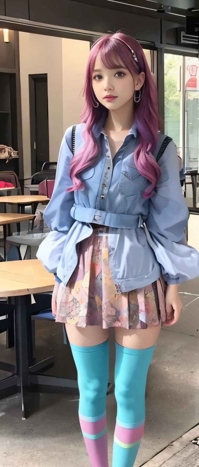 Young woman like a fairy tale、whole body、good style、colorful hair、colorful fashion、、、mini skirt、Colorful tights、Junk Armor