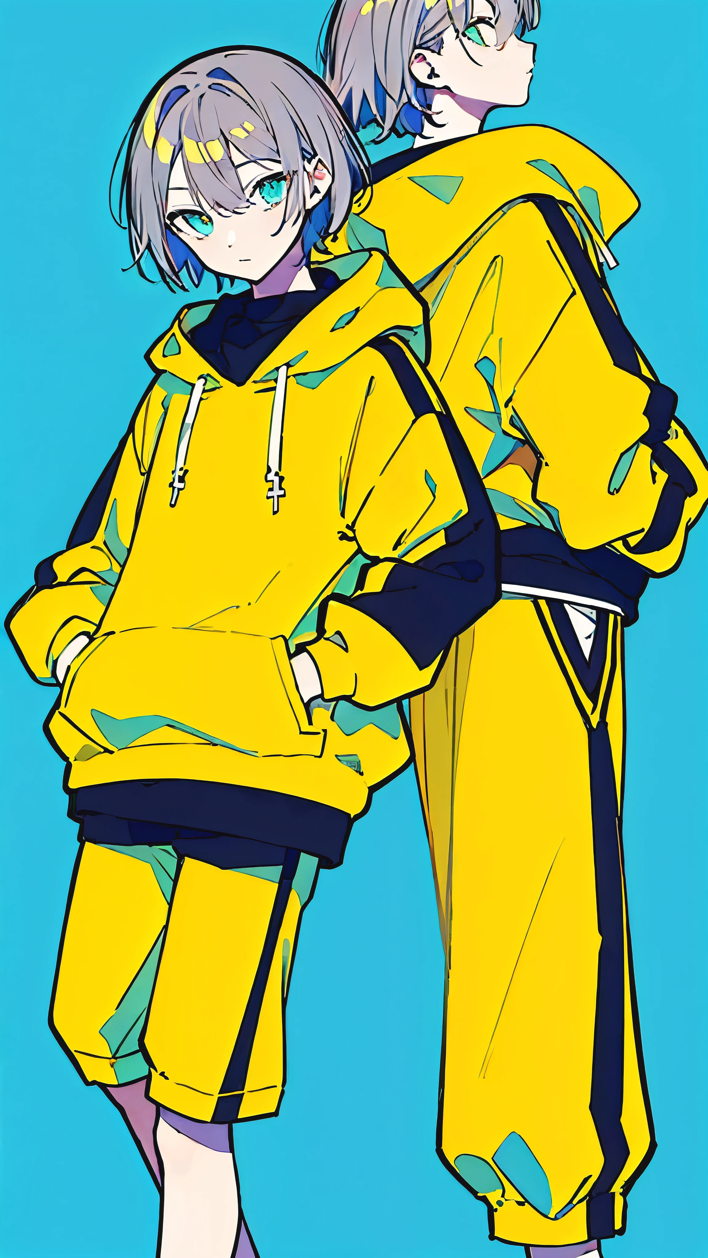 (masterpiece, highest quality:1.6), alone, thick outline, (simple background, Dark yellow background, monochrome, dark yellow theme:1.2), official art, Key Visual, 8K, confused, whole body, (Unique hair, oversized hoodie, hot pants, arch back, short torso:1.2), belly button, thighs, cowboy shot, HDR, sharp focus, High resolution, most detailed, very detailed, Super detailed, finely, detailed eyes and face, sharp pupils, realistic student, alone, contrast between yellow and light blue, alone, put one's hand in one's pocket