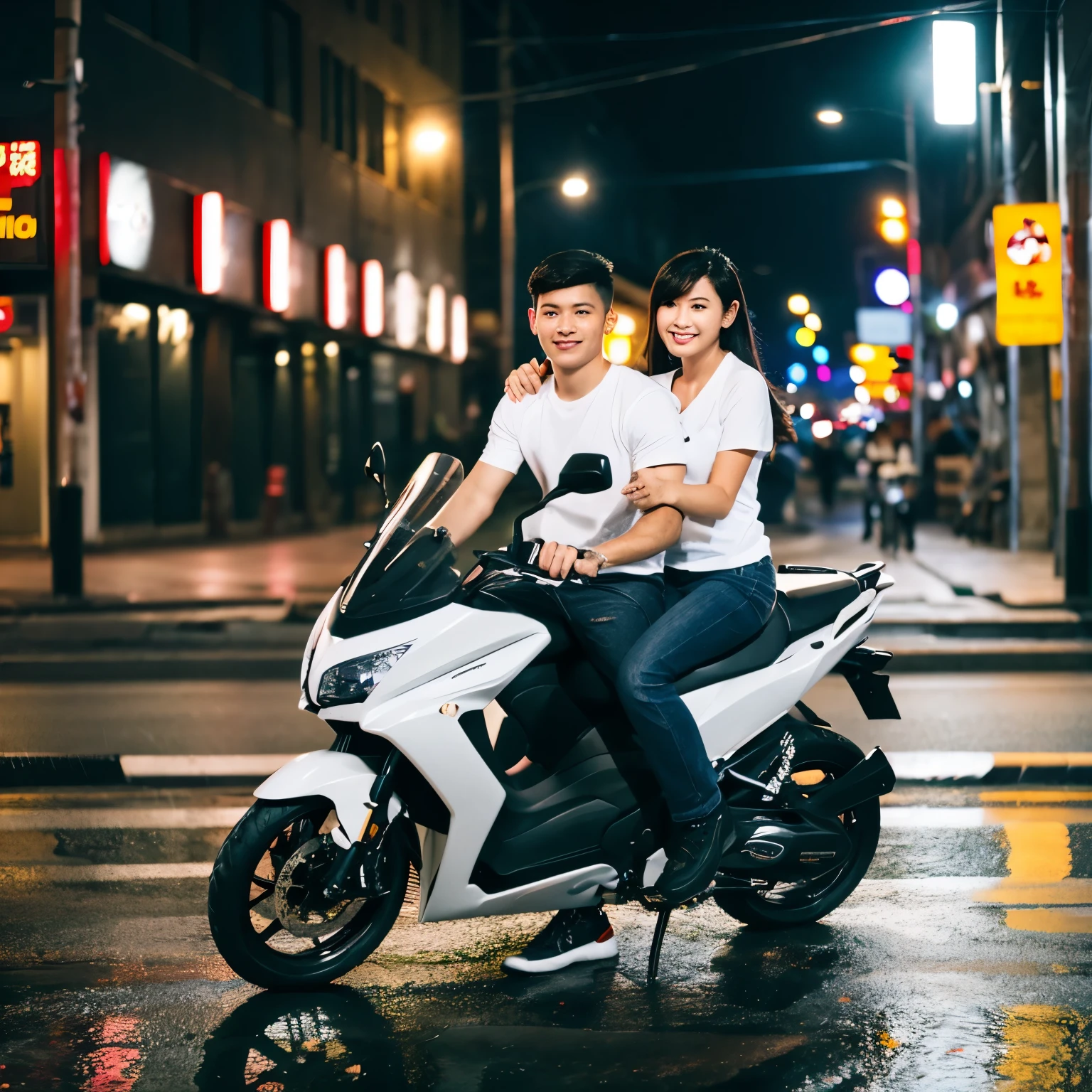 a couple riding together on a sports motorbike, wearing light white shirts, ripper jeans, sports shoes. conditions of heavy rain until drenched. urban street background.