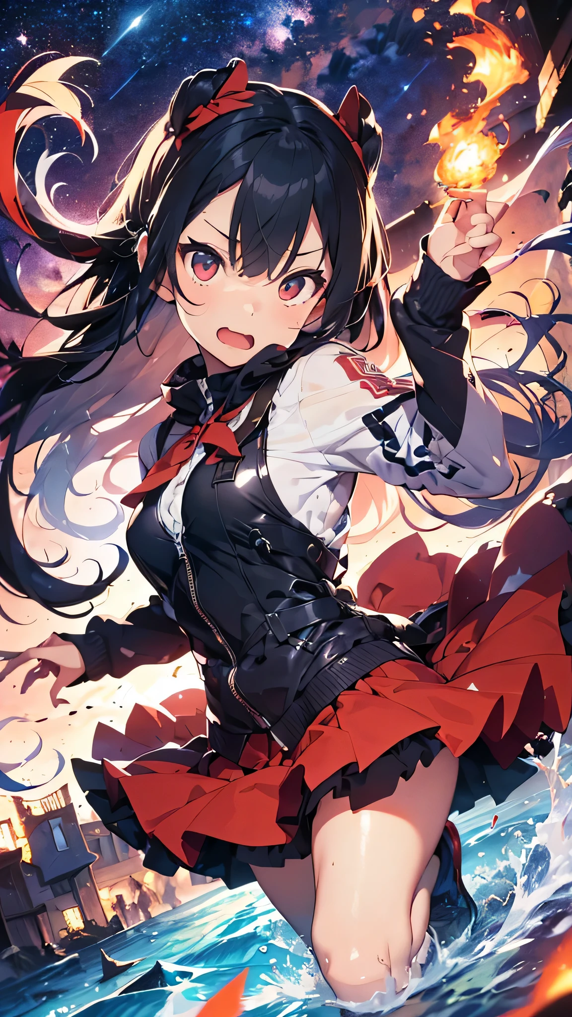 最high quality、best image quality、masterpiece、teenage girl((18-year-old、 By becoming、vest bust、medium bust,wide open breast tea、black eye, light blue hAria、Red mesh、long hAria、thin,highest valley、Red and blue dress、holding a red sword in his right hand、Glowing red wings,Aria、splatters、slash pose、scream、He holds a red sword in his left hand.、angry face、leaning forward)),high quality、beautiful art、background((outer space、battlefield、Burning Town、fire、inflammation、A large number of missiles rain down))瓦礫がsplatters、Depth of written boundary、movie、visual art、perfect art、8K,genuine