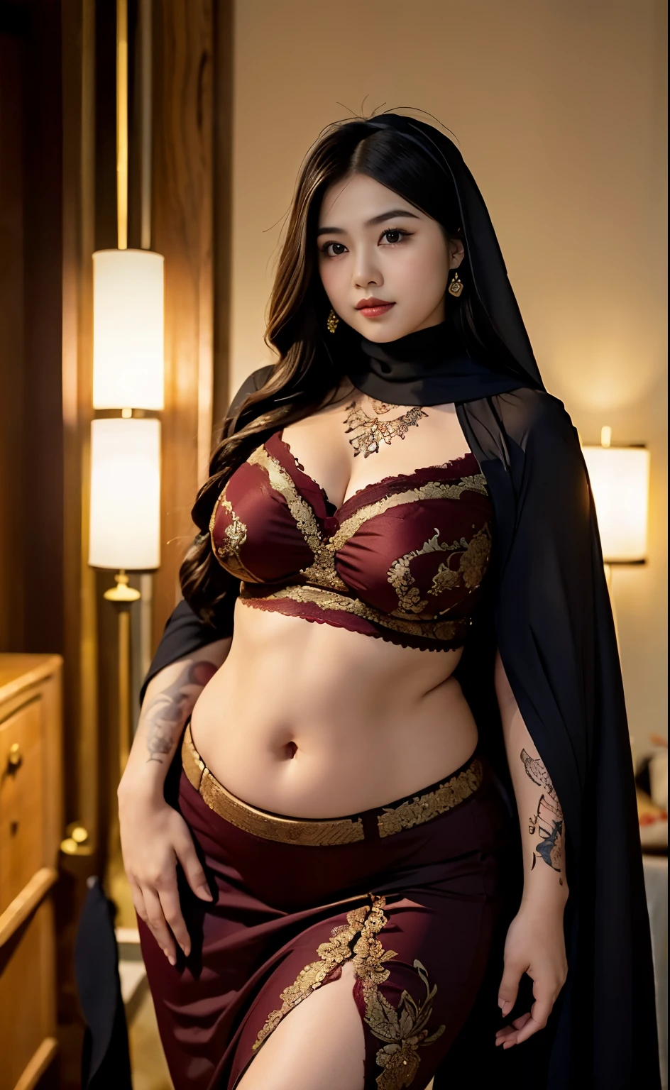 there is a woman posing in a dark room with a malay maroon gamis, thick body, beautiful thick female, wide hips, thick legs, she has a jiggly fat round belly, thick thighs, curvy hourglass figure, thicc, curvy model, widest hips, hyperrealistic full figure, bbwchan, voluptuous body, thick, tattooed body, tattooed hands, tattooed arm, tattooed in belly, Burka girl, malay gamis