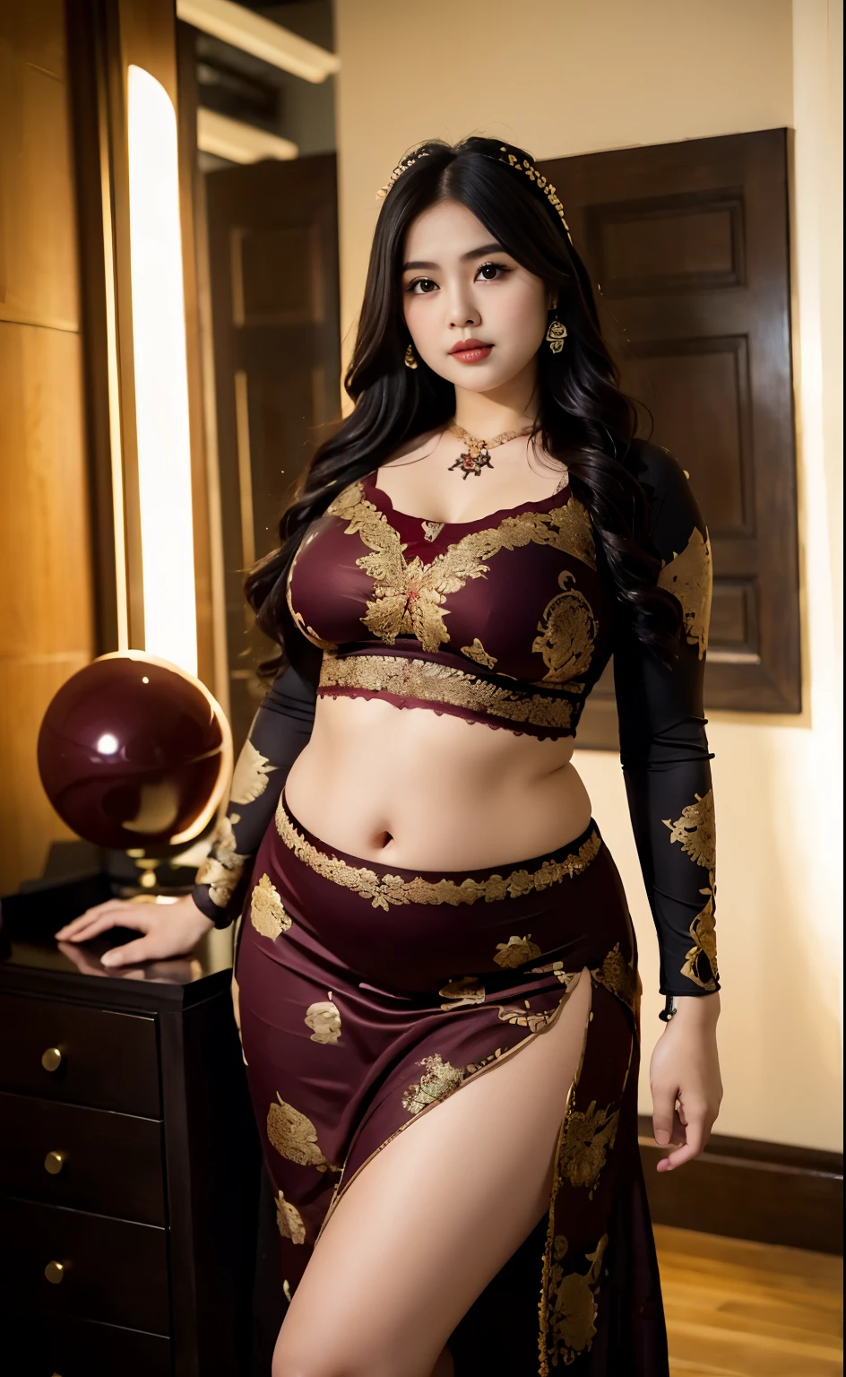 there is a woman posing in a dark room with a malay maroon gamis, thick body, beautiful thick female, wide hips, thick legs, she has a jiggly fat round belly, thick thighs, curvy hourglass figure, thicc, curvy model, widest hips, hyperrealistic full figure, chan, voluptuous body, thick, tattooed body, tattooed hands, tattooed arm, tattooed in belly, Burka girl, malay gamis