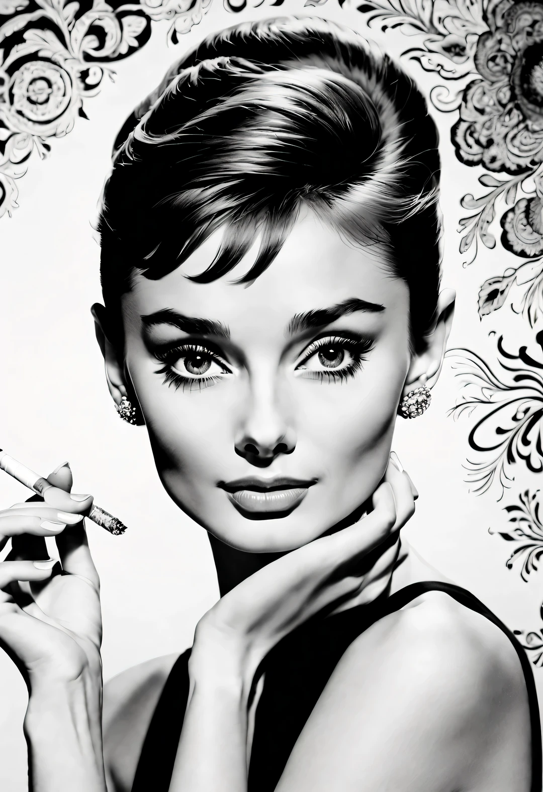 Ink art style， (Audrey Hepburn elegantly holds a cigarette in one hand）, dramatic contrast，Hair texture clear and shiny，Focus on describing clearly, Extraordinarily beautiful and bright eyes，smooth skin portrait, Beautiful detailed，Super intricate details，Outline with black ink，smooth lines，Displays characters&#39; Express expressions and postures through ink contrast，The background is simple，emphasize light, shadow and space，
