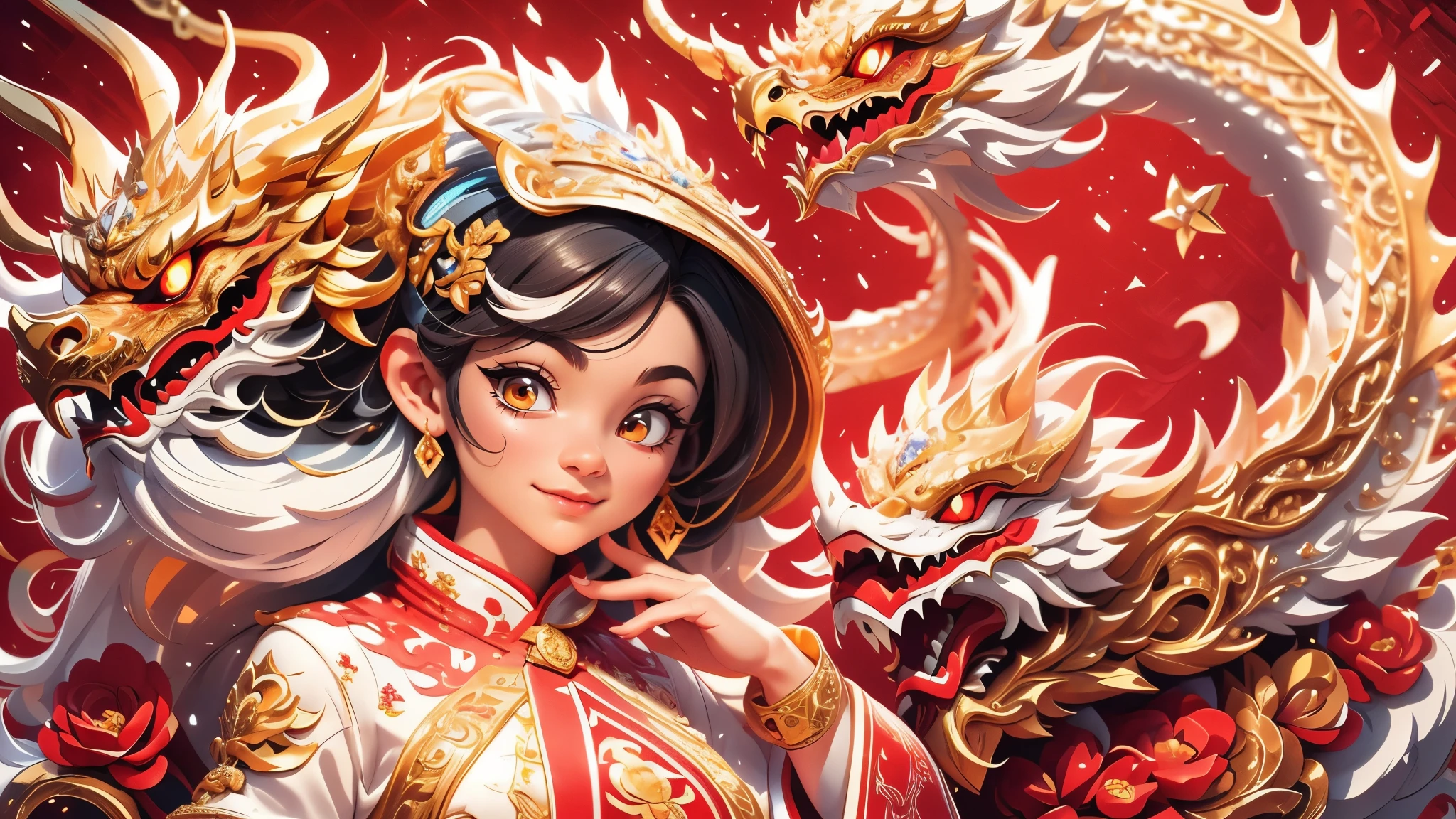 red background,1 moon，(1 Chinese Dragon: 1.5,1 Cheongsam Girl:1.5, smile)，rosette，(illustration:1.3，paper art:1.3, Quilted paper art:1.2, extremelybold outline),( reasonable design, Clear lines, High sharpness,best quality, Very detailed, masterpiece, movie lighting effects, 4K )