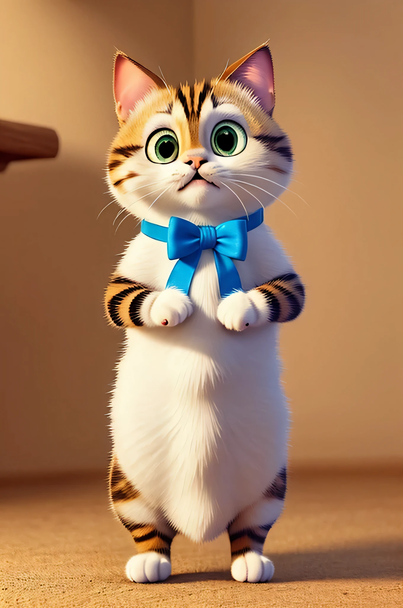 a cute cat, Expressive big eyes, Stands high, holding a gift in his paws, in a polka dot dress, cartoon, cartoon cute, Drawing Details