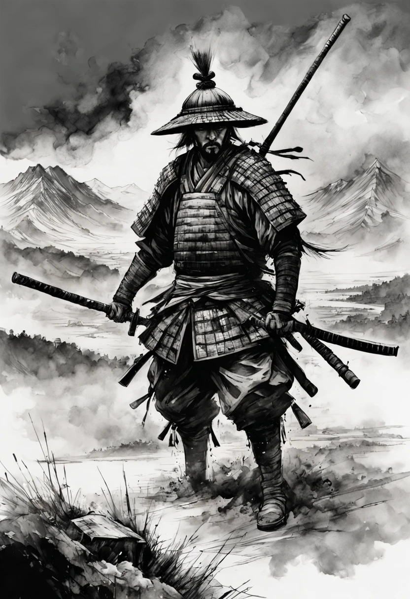 "katana!!! Black and white ink drawing of samurai on battle field, fog!!! epic mountainscape!!! super high mountains!!! epic beautiful clouds, whistlerian, cinematic view”, Masterpiece, Intricate, Insanely Detailed, Art by Kim Jung Gi, Yoji Shinkawa, Guy Denning, James Jean, Ink Drip, Paint Splatter!!!!, Textured!!!