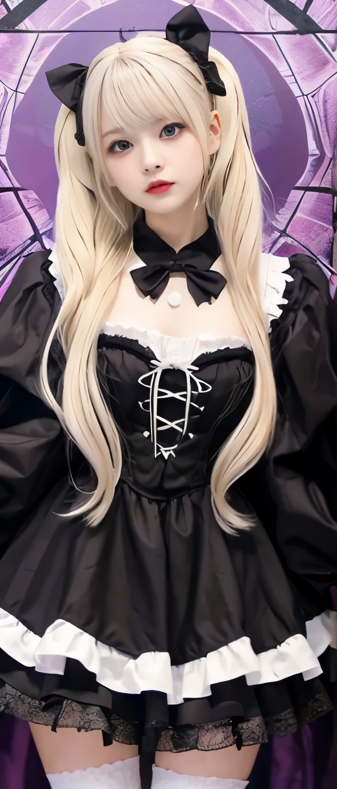 female idol、、Hair rolls、、good style、Colorful Gothic Lolita Fashion（Spider web design）、whitish blonde hair、whole body