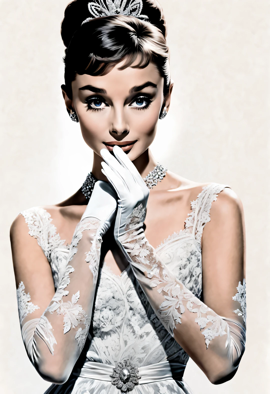 Ink art style, (Audrey Hepburn elegantly puts her hands on her chest), (Wear high-end lace evening gown gloves), White background,
dramatic contrast, Hair texture clear and shiny, Emphasis on the depiction of exceptionally beautiful and bright eyes, smooth skin, portrait, beautiful details, Super intricate and refined details, Outline with black ink, smooth lines, Express the characters’ expressions and postures through the contrast of ink shades. Simple background, Emphasis on light, shadow, and a sense of space,
