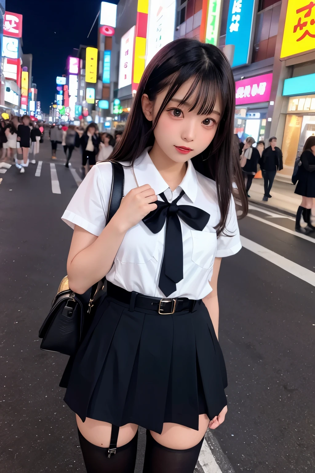 high angle shot、center view、A woman standing on a neon street at midnight、Phenomenally cute 、japanese girl uniform、summer clothes、Microminiskirt、urreal 、loafers、She wears black tights that show a little bit of skin.、black tights、Japanese high school 、Nogizaka Idol、Plump thighs、Full body Esbian、garter belt、garter ring、leg garter