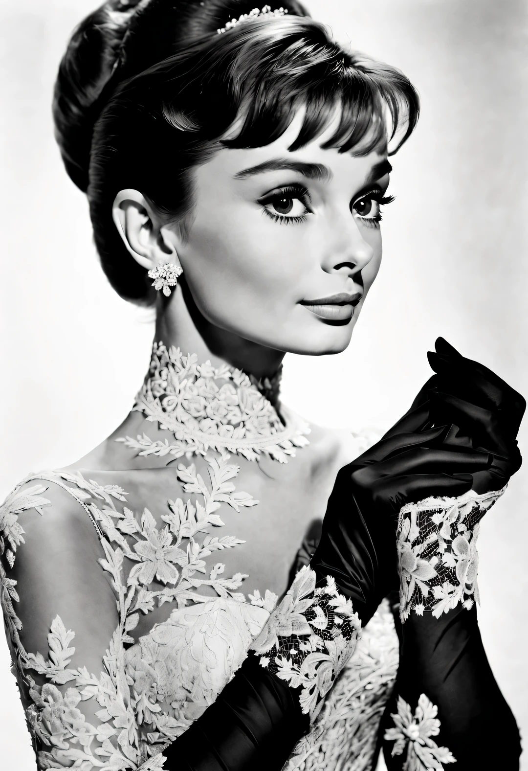 Ink art style, (Audrey Hepburn elegantly puts her hands on her chest), (Wear high-end lace evening gown gloves), White background,
dramatic contrast, Hair texture clear and shiny, Emphasis on the depiction of exceptionally beautiful and bright eyes, smooth skin, portrait, beautiful details, Super intricate and refined details, Outline with black ink, smooth lines, Express the characters’ expressions and postures through the contrast of ink shades. Simple background, Emphasis on light, shadow, and a sense of space,
