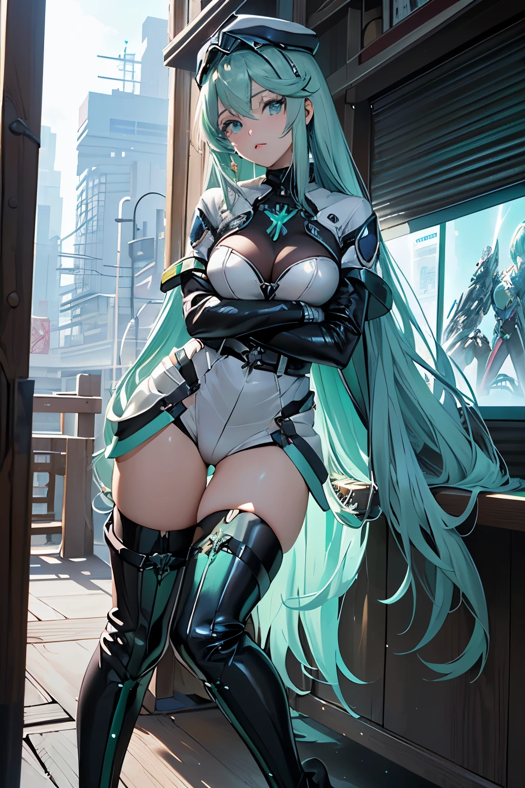 Anime, Girl, (((1girl))), (((Waifu, Xenoblade Chronicles 2, Pneuma Waifu))), Techwear, (((Seafoam Green Hair, Long Hair))), ((Seafoam Green Eyes eyes:1.3, Upturned Eyes: 1, Perfect Eyes, Beautiful Detailed Eyes, Gradient eyes: 1, Finely Detailed Beautiful Eyes: 1, Symmetrical Eyes: 1, Big Highlight On Eyes: 1.2)), (((Lustrous Skin: 1.5, Bright Skin: 1.5, Skin Fair, Shiny Skin, Very Shiny Skin, Shiny Body, Plastic Glitter Skin, Exaggerated Shiny Skin, Illuminated Skin))), (Detailed Body, (Detailed Face)), Young, Idol Pose, (Best Quality), Techwear, (((Military Uniform, Miliraty Cap, Military Coat, Thigh-high Heeled Boots))), High Resolution, Sharp Focus, Ultra Detailed, Extremely Detailed, Extremely High Quality Artwork, (Realistic, Photorealistic: 1.37), 8k_Wallpaper, (Extremely Detailed CG 8k), (Very Fine 8K CG), ((Hyper Super Ultra Detailed Perfect Piece)), (((Flawlessmasterpiece))), Illustration, Vibrant Colors, (Intricate), High Contrast, Selective Lighting, Double Exposure, HDR (High Dynamic Range), Post-processing, Background Blur