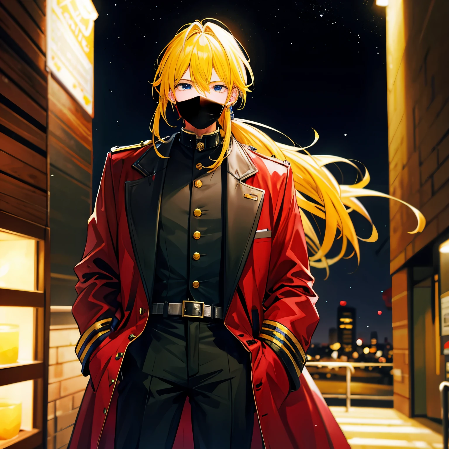 A man,Handsome,Yellow hair, Pony-Tail, nightcity,Sateen,ear-Ring, mouth mask, Militarry coat large,Put your hands in your pockets
