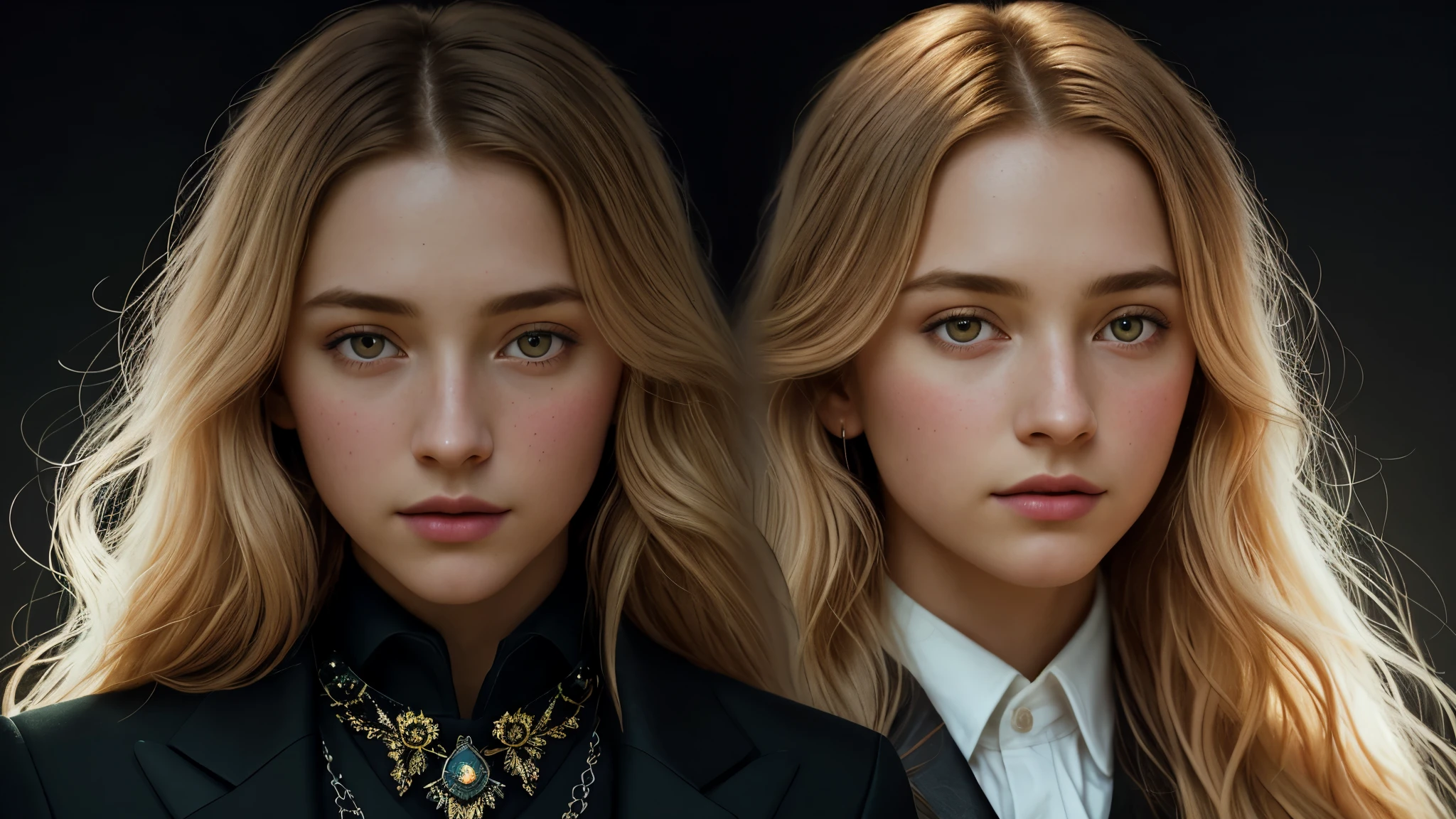 (front focus),(in the dark:1.6), Surrealistic Portraits of Women by David Hockney and Alphonse Mucha, fantasy art, Realistic photos, dynamic light, art station, poster, Volumetric light, Very detailed face, 4K, 1 girl, in the dark, deep shadow, low noise, cowboy shoot, (formal clothes:1.4), Shoulder length hair, with light blonde hair,