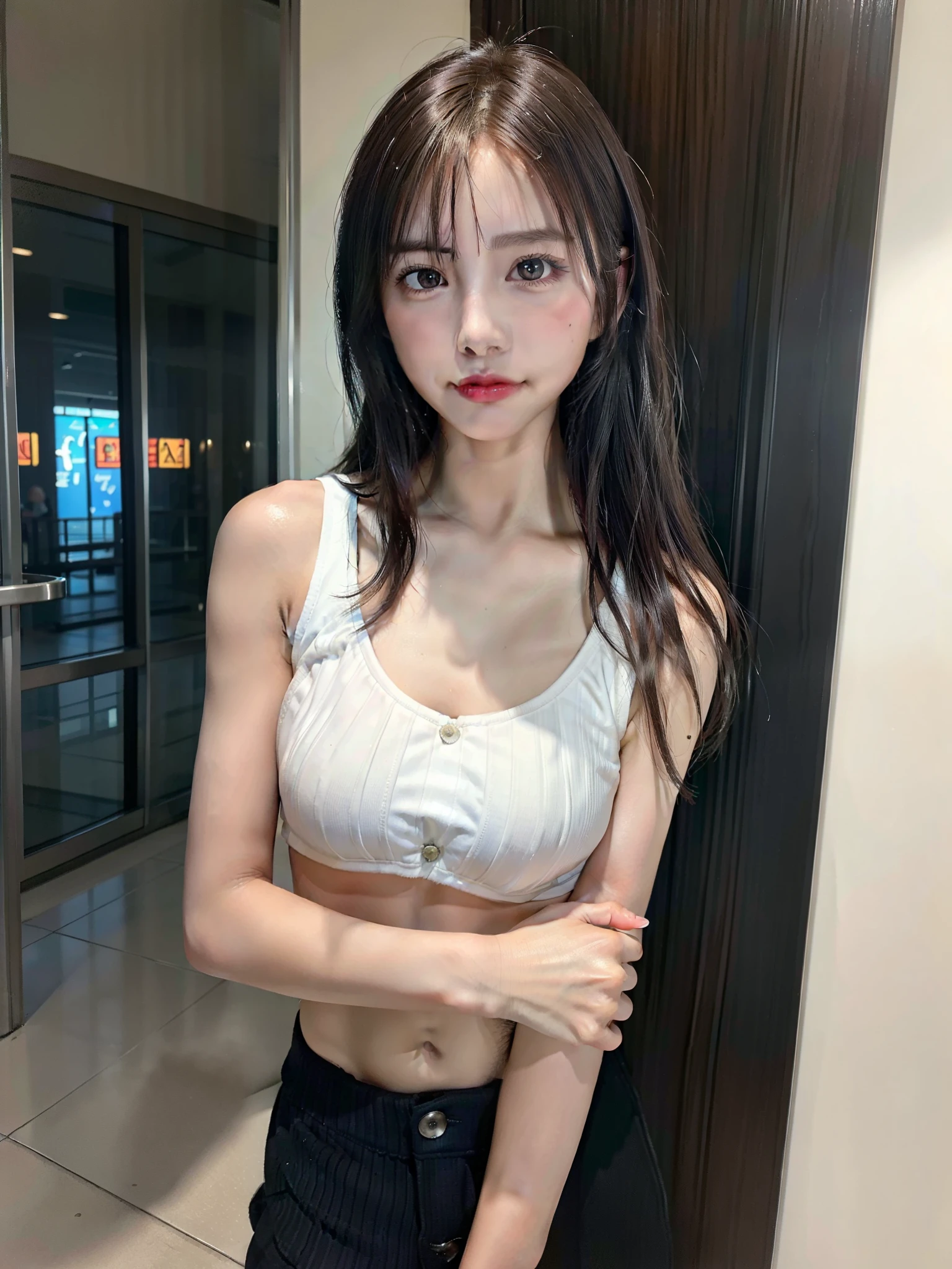 ((Best of the highest quality, 8k, Masterpiece: 1.3, raw photo)), Sharp focus: 1.2, (1 AESPA girl: 1.1), (Solo: 1.18), (realistic, photo-realistic:1.37), face focus, cute face, finely eyes, (Small breasts, flat chest, Thigh: 1.3), short messy hair, full nude, (bra top: 1.2), airport, terminal,