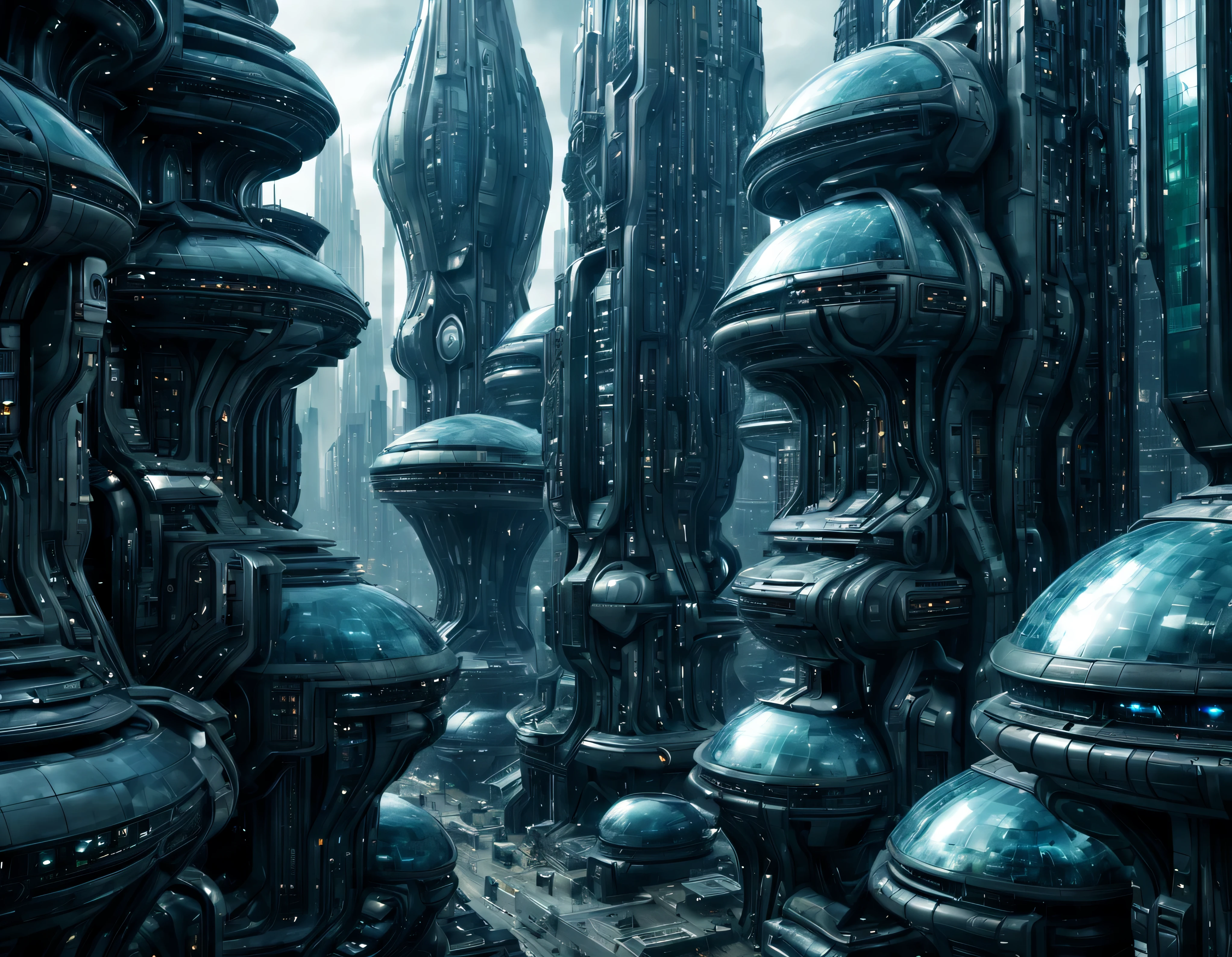 street of an extraterrestrial alien city with futuristic and technological architecture in its metal and glass conglomerado de buildings, some aliens walking around, ventanas iluminadas, all full of imagination, science fiction and (intrincados detalles de la maquina).imagen fotorrealista, Maximum sharpness, calidad 8k.(obra maestra de calidad superior). 3D.