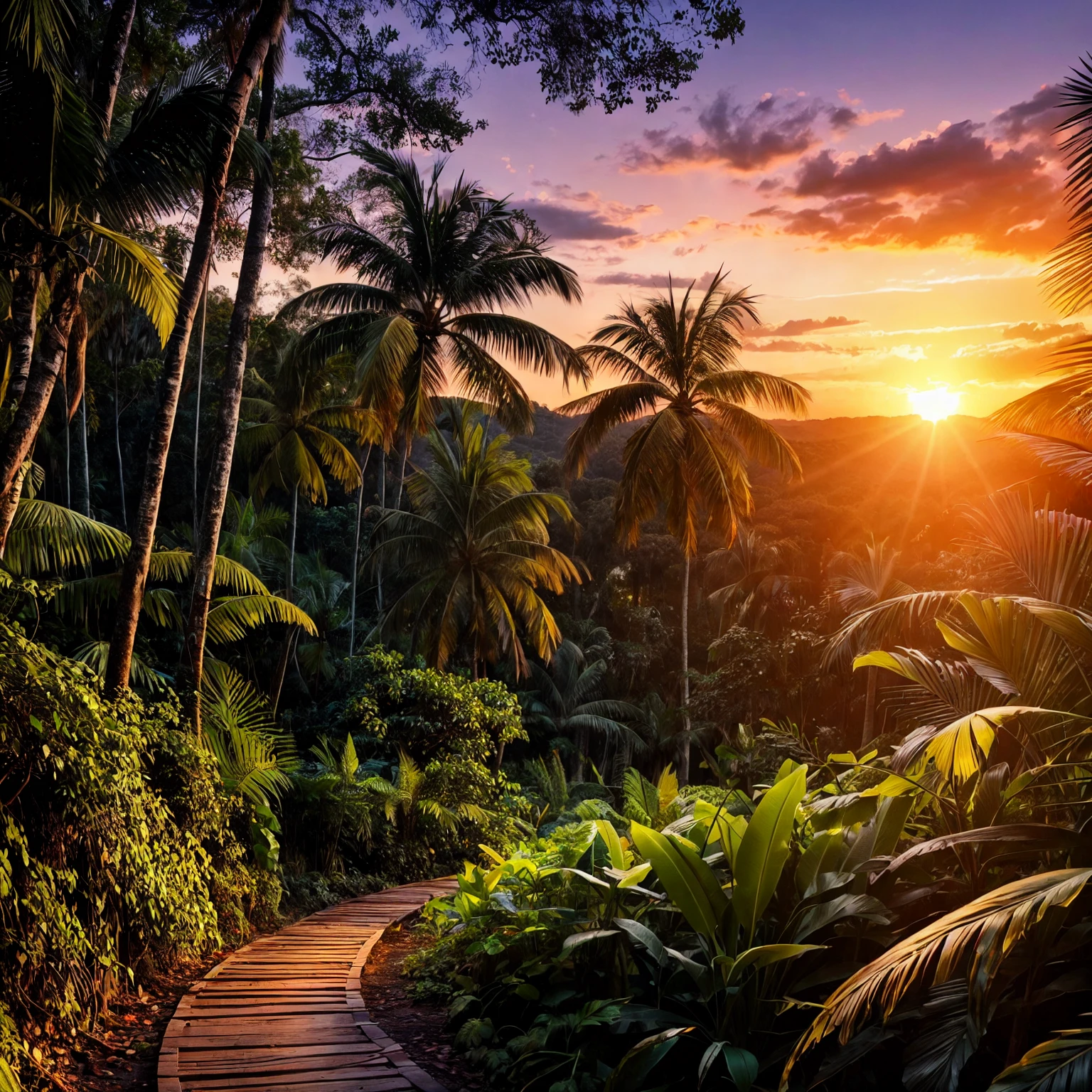 tropical forest, sunset, peaceful atmosphere, vibrant, colorful