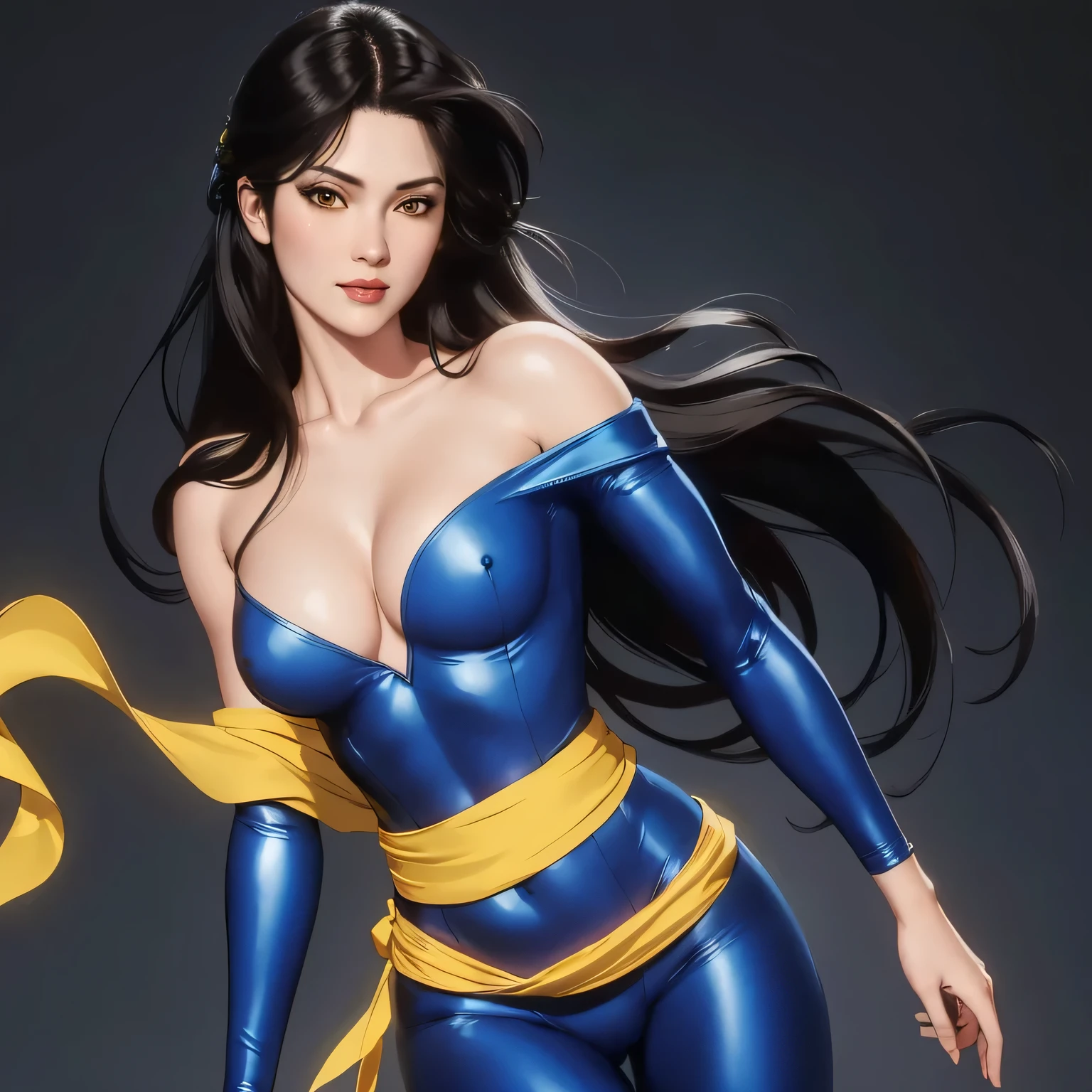 best quality,ultra-detailed,realistic,portrait,HitomiKisugi,1girl,long black hair,beautiful detailed eyes,beautiful detailed lips,eyelashes,brown eyes,blue bodysuit,off shoulder,yellow sash,vivid colors,HDR,studio lighting,sharp focus