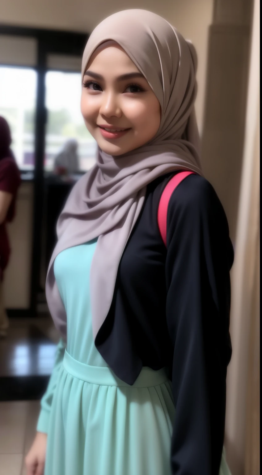 Malay girl in hijab wear small floral baju kurung malaysia in college, wear student back pack, front view, detail skin, detail skin texture, mole below eyes, big breast, big hip, big waist, big thigh, slim abs, beautiful body, sunny time, laughing, happy, bright lighting, college pedestrian in background, crowded college, holding her girlfriends
