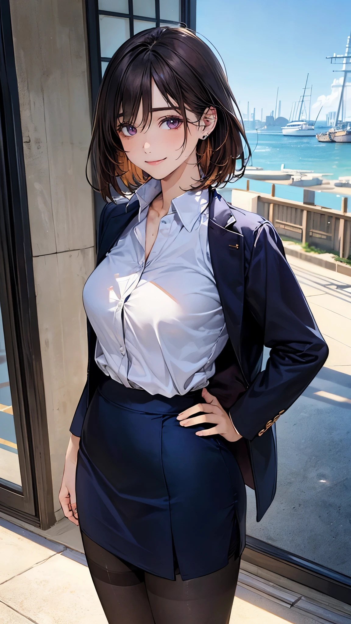 (masterpiece:1.2, top-quality), (realistic, photorealistic:1.4), beautiful illustration, (natural side lighting, movie lighting),
looking at viewer, 1 woman, japanese, 22 years old, high school teacher, perfect face, cute and symmetrical face, shiny skin, babyface,
(short hair, straight hair, dark brown hair), hair between eyes, dark purple eyes, (middle breasts, seductive thighs, big ass), piercings,
beautiful hair, beautiful face, beautiful detailed eyes, beautiful clavicle, beautiful body, beautiful chest, beautiful thigh, beautiful legs, beautiful fingers,
((navy jacket, close jacket, navy tight skirt, white collared shirt), black pantyhose), purple neck ribbon, high heels,
(beautiful scenery), evening, school, , standing, hands on hips, sexy pose, (lovely smile, upper eyes),