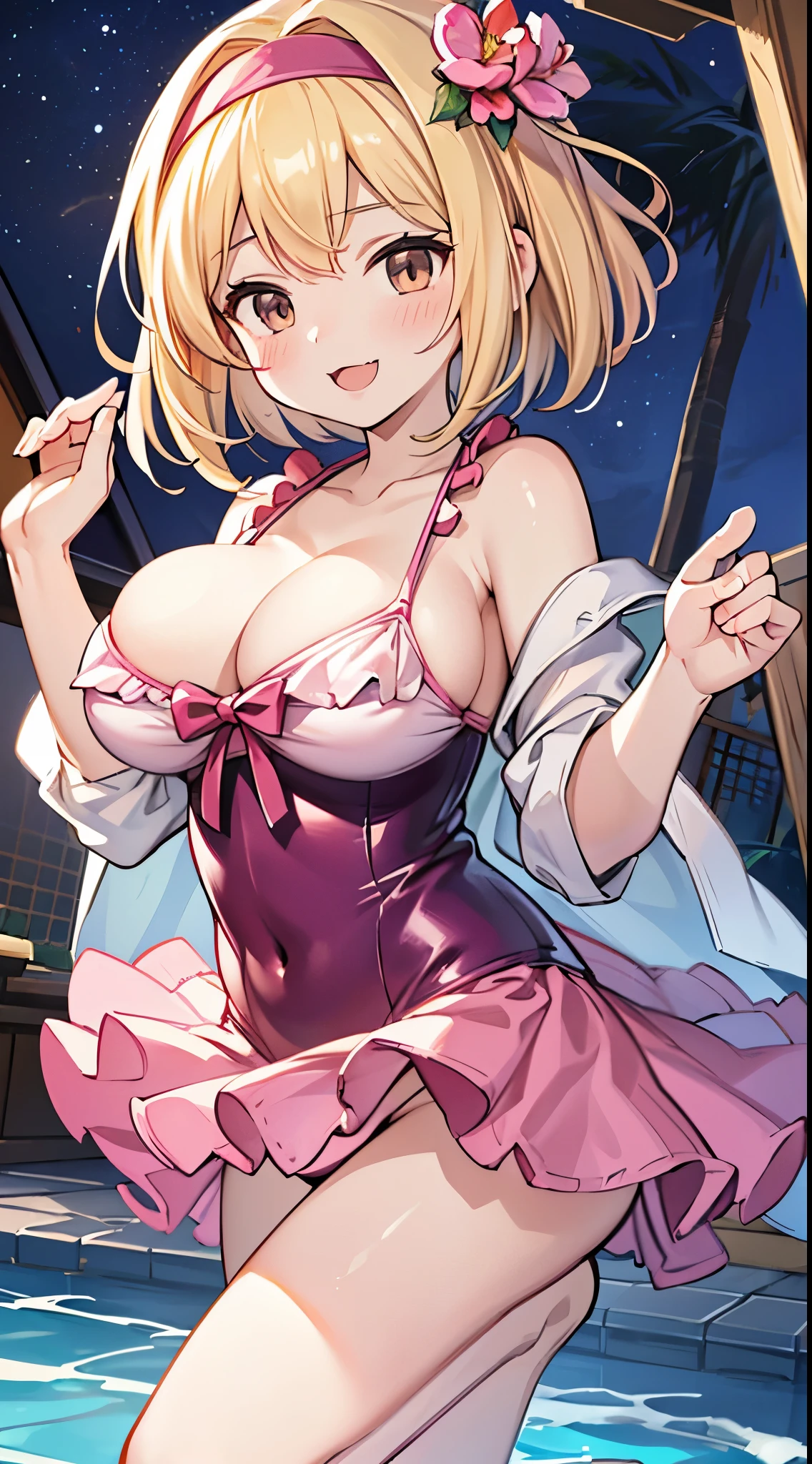 1girl,alone,masterpiece, 最high quality, high quality,delicate features,,beautiful girl,hyper_detailed,(((game CG))), finely detaileded beautiful eyes and detaileded face,Glossy skin, One_girl,, smile,blush,Open_mouth,:3 、(),face focus。pool,big breasts,lolli、female brat、(evil smile)、,((night))、blonde、((swimsuit))、brown eyes、short hair,Pink headband