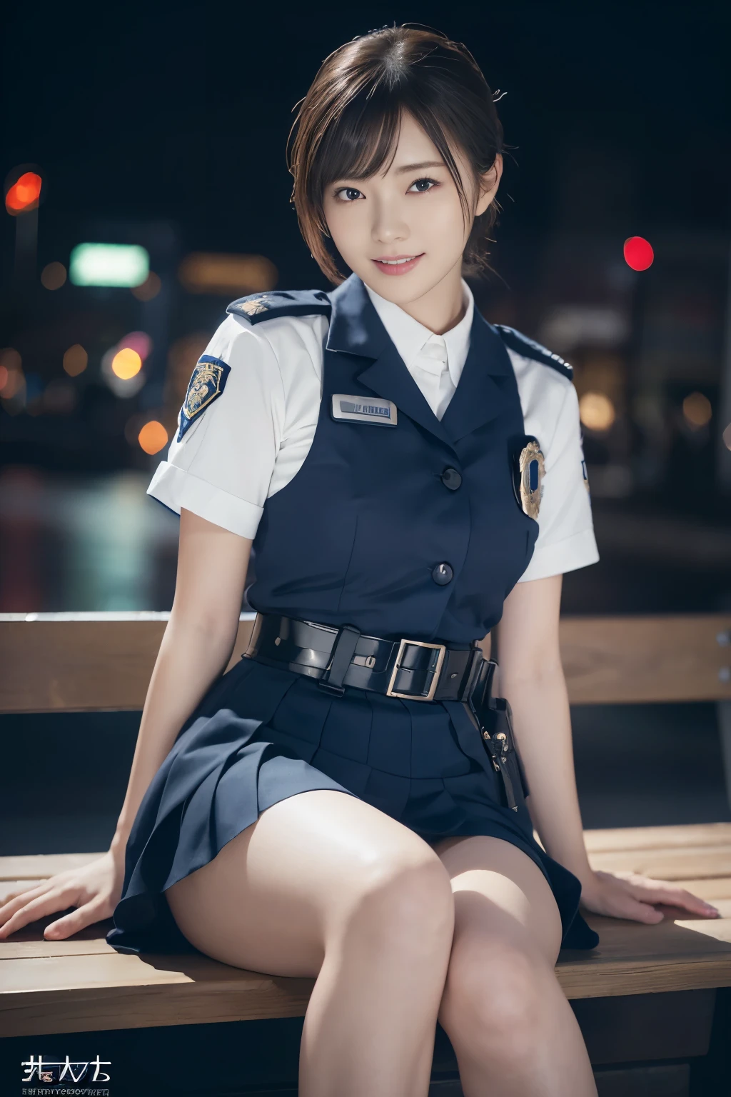 Innocent 20 year old girl、((Japan Police Officer, sexy police uniform, Skirt, Cute and elegant, Dramatic poses)),Smile,night city background,short-cut、Raw photo, (8K、top-quality、​masterpiece:1.2)、(intricate detailes:1.4)、(Photorealsitic:1.4)、octane renderings、Complex 3D rendering ultra detail, Studio Soft Light, Rim Lights, vibrant detail, super detailing, realistic skin textures, Detail Face, Beautiful detail eyes, Very detailed CG Unity 16k wallpaper, make - up, (detailedbackground:1.2), shinny skin, Full body,Hands down、Spread your legs and show your panties,sit on a bench