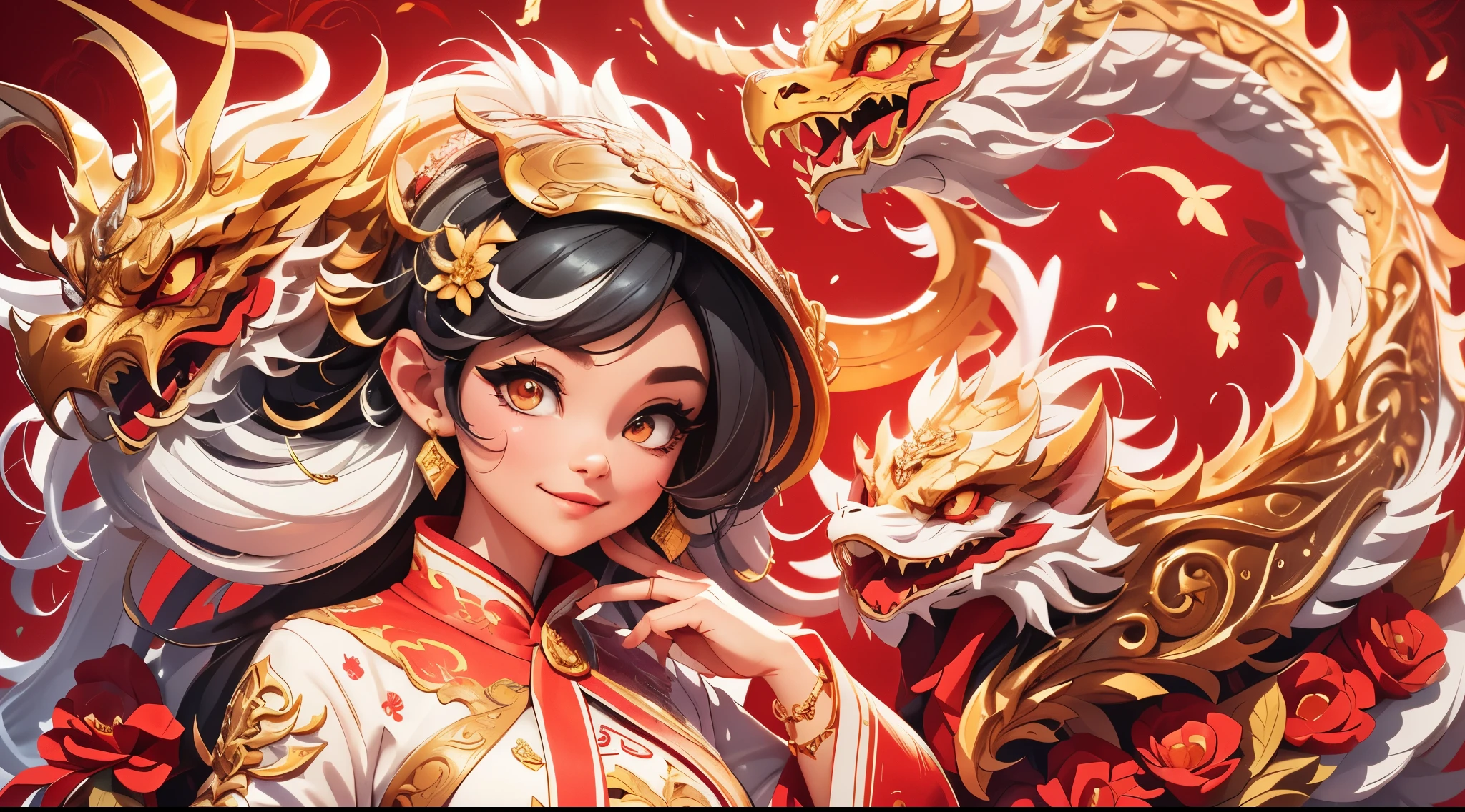 red background,1 moon,(1 Chinese Dragon: 1.5,1 Cheongsam Girl:1.5, smile),rosette,(illustration:1.3,paper art:1.3, Quilted paper art:1.2, extremelybold outline),( reasonable design, Clear lines, High sharpness,best quality, Very detailed, masterpiece, movie lighting effects, 4K )