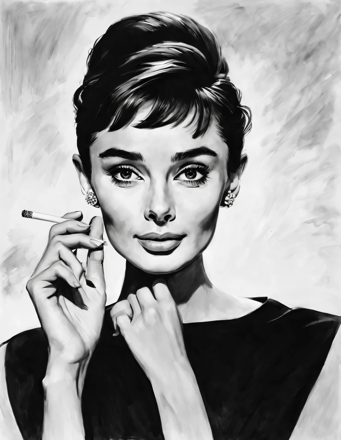 Ink art style, (Audrey Hepburn elegantly holding a cigarette in one hand), dramatic contrast, Hair texture clear and shiny, Emphasis on the depiction of exceptionally beautiful and bright eyes, smooth skin, portrait, Beautiful detailed, Super intricate and refined details, Outline with black ink, smooth lines, Express the characters’ expressions and postures through the contrast of ink shades, Have a simple background, Emphasis on light and space,