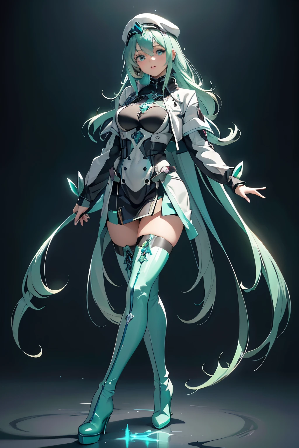 Anime, Girl, (((1girl))), (((Waifu, Xenoblade Chronicles 2, Pneuma Waifu))), Techwear, (((Seafoam Green Hair, Long Hair))), ((Seafoam Green Eyes eyes:1.3, Upturned Eyes: 1, Perfect Eyes, Beautiful Detailed Eyes, Gradient eyes: 1, Finely Detailed Beautiful Eyes: 1, Symmetrical Eyes: 1, Big Highlight On Eyes: 1.2)), (((Lustrous Skin: 1.5, Bright Skin: 1.5, Skin Fair, Shiny Skin, Very Shiny Skin, Shiny Body, Plastic Glitter Skin, Exaggerated Shiny Skin, Illuminated Skin))), (Detailed Body, (Detailed Face)), Young, Idol Pose, (Best Quality), Techwear, (((Military Uniform, Miliraty Cap, Military Coat, Thigh-high Heeled Boots))), High Resolution, Sharp Focus, Ultra Detailed, Extremely Detailed, Extremely High Quality Artwork, (Realistic, Photorealistic: 1.37), 8k_Wallpaper, (Extremely Detailed CG 8k), (Very Fine 8K CG), ((Hyper Super Ultra Detailed Perfect Piece)), (((Flawlessmasterpiece))), Illustration, Vibrant Colors, (Intricate), High Contrast, Selective Lighting, Double Exposure, HDR (High Dynamic Range), Post-processing, Background Blur