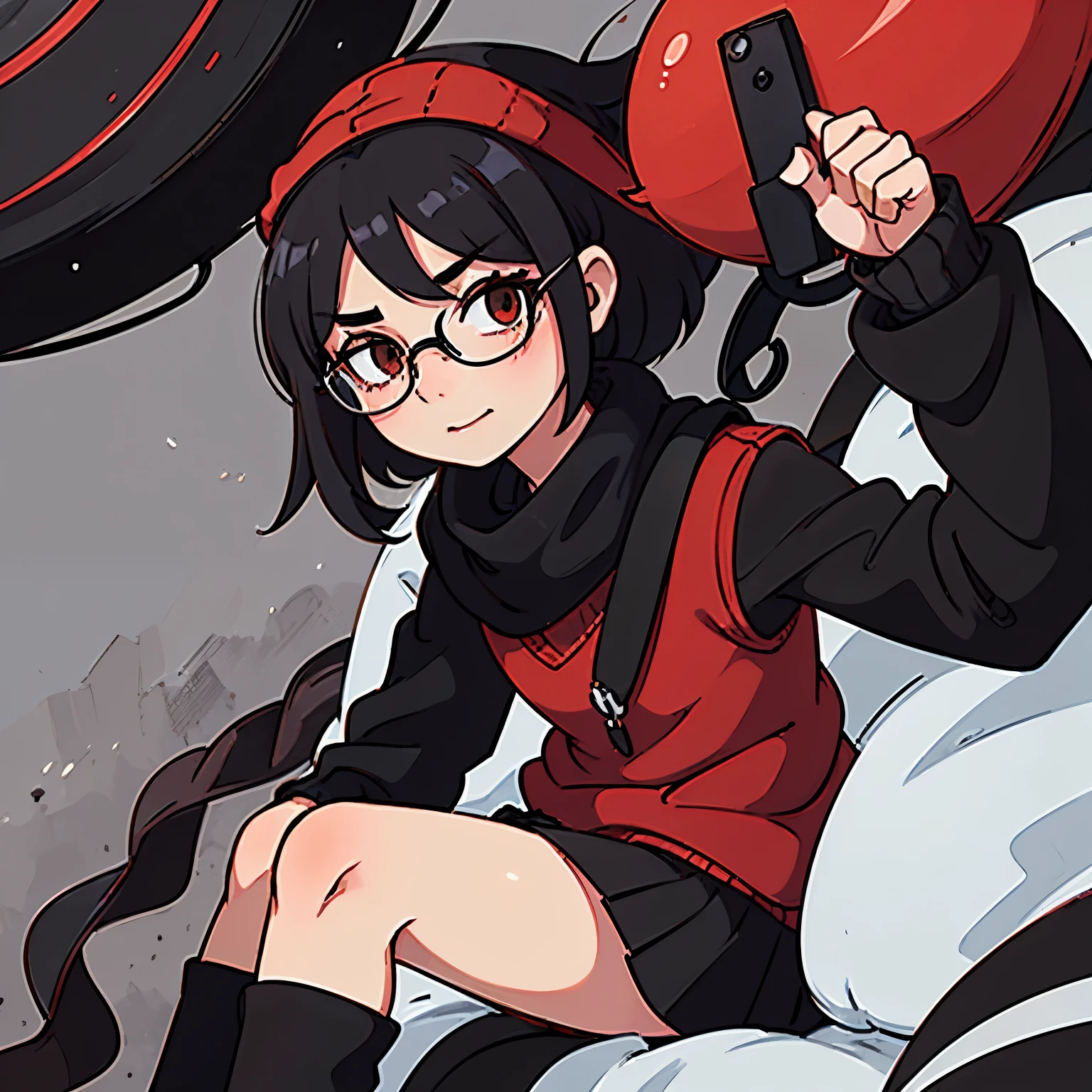(masterpiece), best quality, expressive eyes, perfect face, , red eye, black beanie, fluffy cut black hair, black scarf, tool bag black, black school sweater, short skirt, Round Glasses Black, sitting on bed, white skin, smug face, 1person,