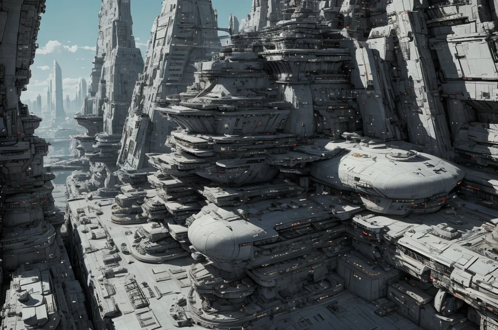 Incredible fantasy city, mega skyscrapers, flying cars, space elevator towers, Super Detail, trees, flowers, Many different buildings, spaceships in the sky, Ultra detail, many elements