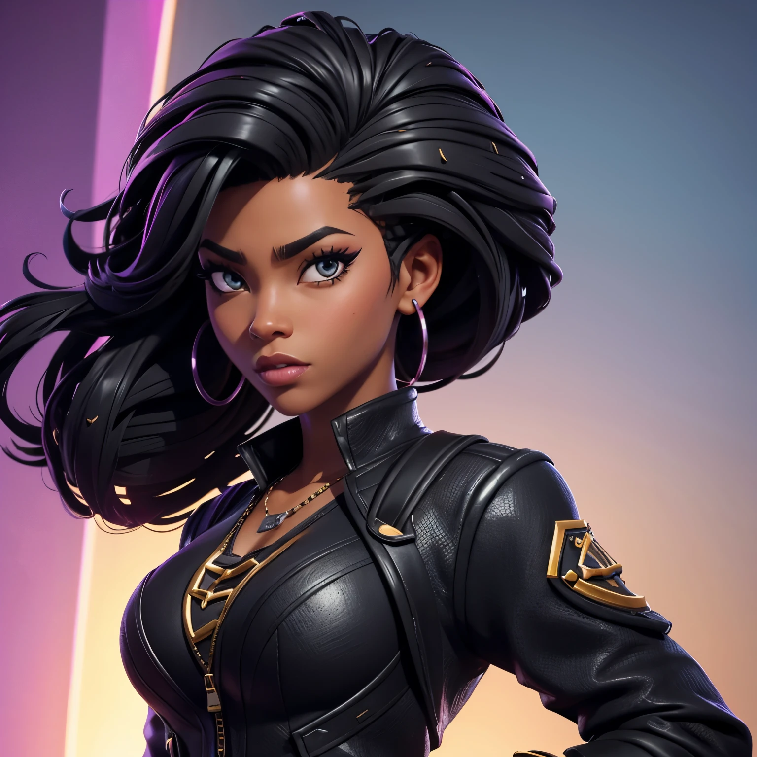 make a fortnite skin, She is a very intelligent black woman, cabelo blackpower, seu traje deve ser sombrio e aventureiro