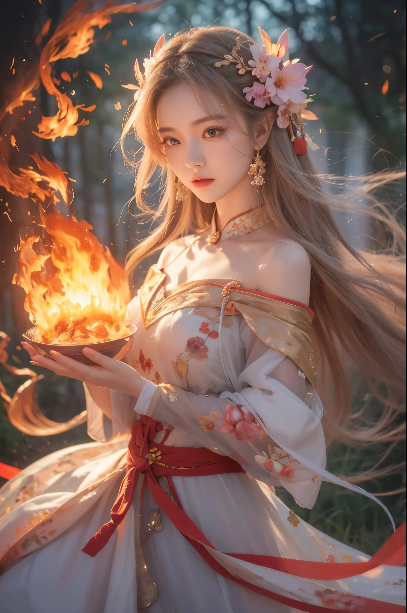 1girl,dynamic poses,fire焰女王,Hanfu,(Burning hair:1.5),(大量的fire焰:1.5),(手持fire焰长剑:1.5),(Slashing action:1.3),(蓝色的fire焰:1.5),(向上飘动的fire焰头发:1.5),fire,星fire,fire焰能量流动,双手掌心上漂浮的fire球,burning forest,fire焰魔法,The magic array under your feet,lifelike,Realistic,Ultra high detail,best quality,masterpiece,8k