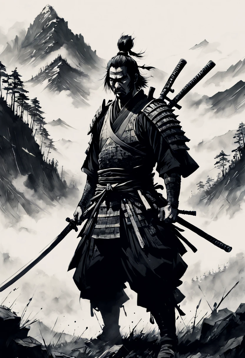 "katana!!! Black and white ink drawing of samurai on battle field, fog!!! epic mountainscape!!! super high mountains!!! epic beautiful clouds, whistlerian, cinematic view”, Masterpiece, Intricate, Insanely Detailed, Art by Kim Jung Gi, Yoji Shinkawa, Guy Denning, James Jean, Ink Drip, Paint Splatter!!!!, Textured!!!