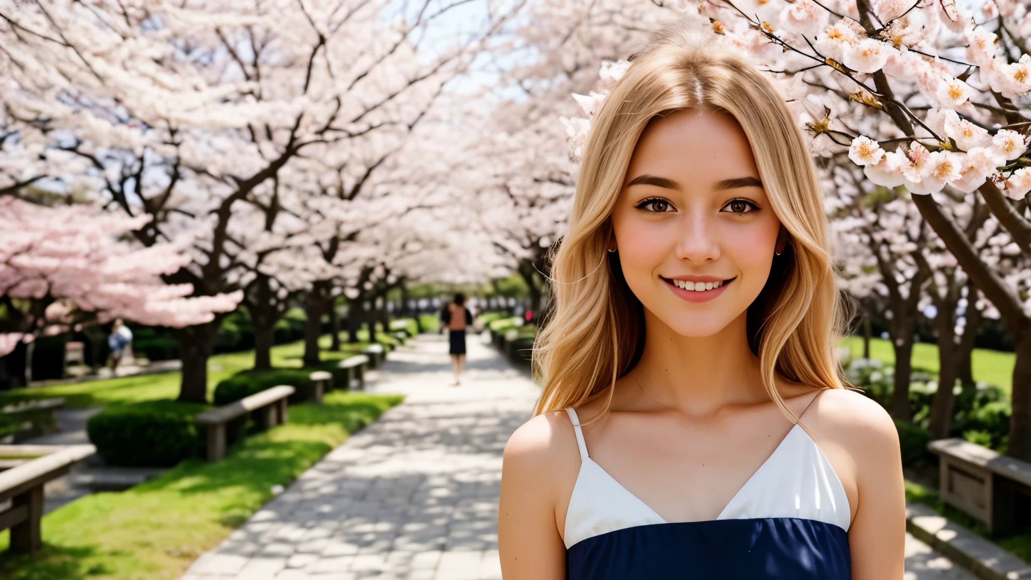 Instagram pictures, a French Girl, Shoulder length hair, with light blonde hair, Close-up photo, Walking in a public garden with cherry blossom, Japan, smiling a little,