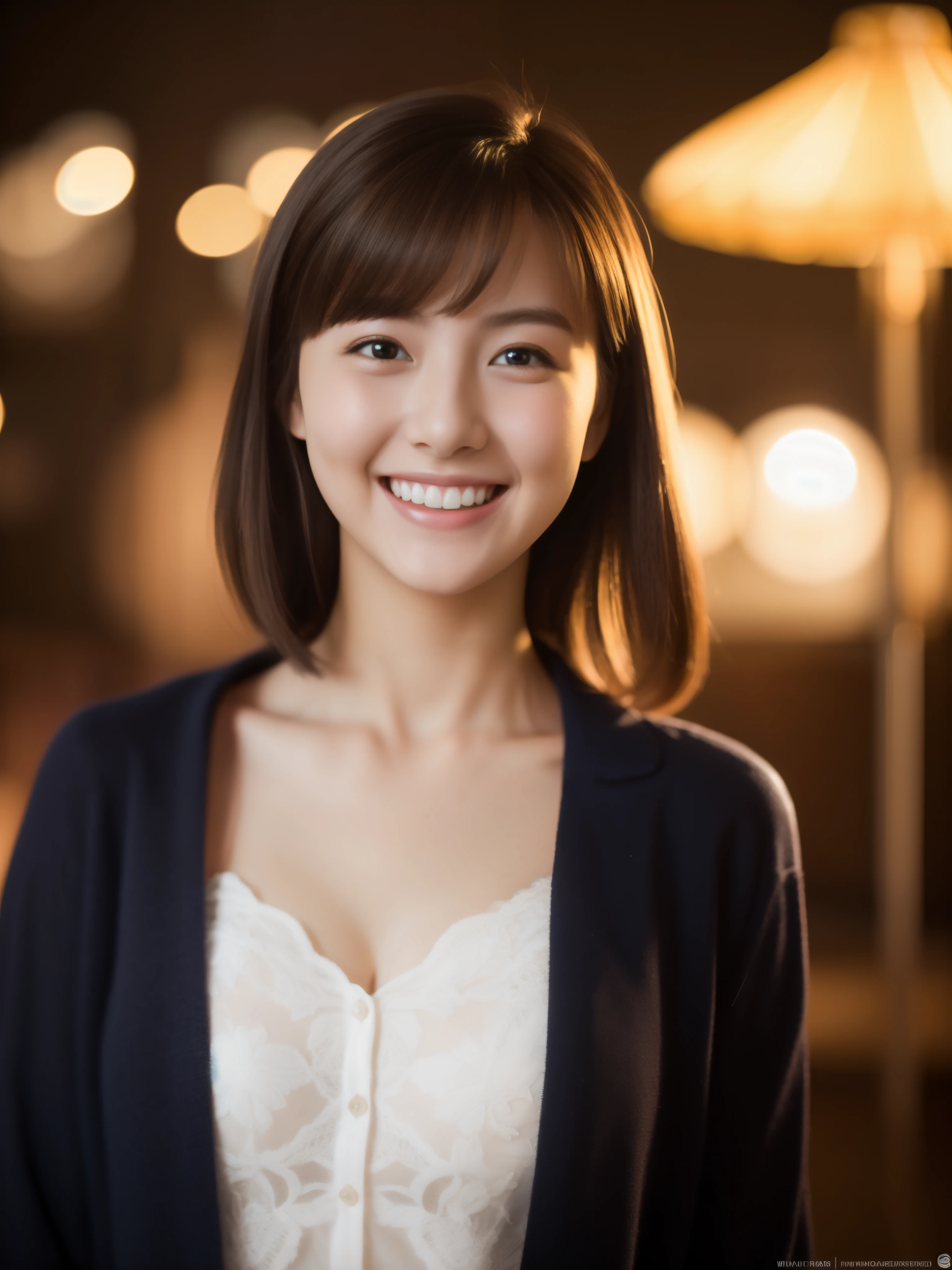 Beautiful 20 year old woman。she is wearing a satin camisole。Lace on the chest and hem.。she looks ecstatic 。she is smiling and winking. her dark brown hair、High resolution、masterpiece、highest quality、Head w:1.0、((Hasselblad Photos))、fine skin、fine knit、(movie lighting)、clavicle .