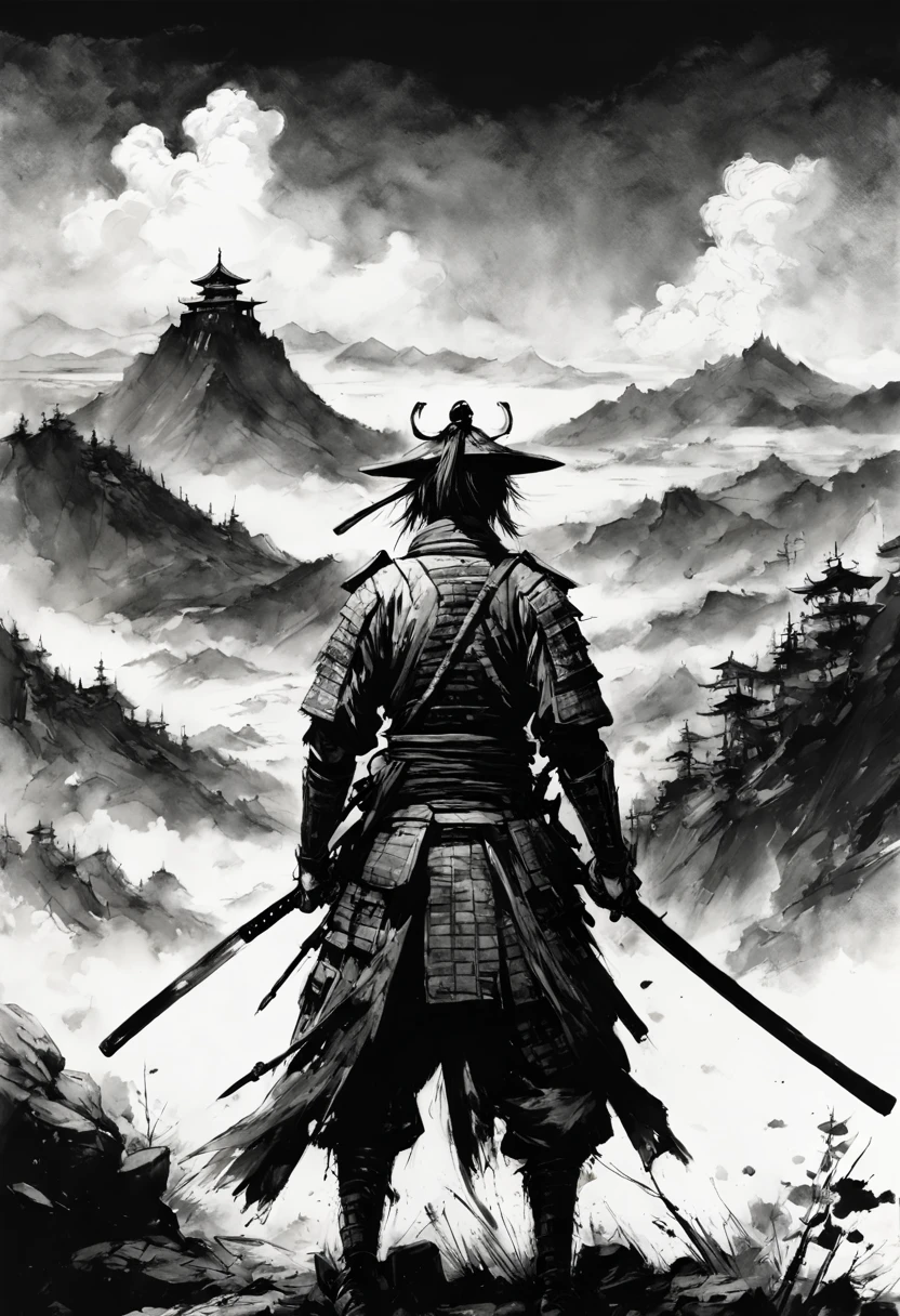 "katana!!! Black and white ink drawing of samurai on battlefield, fog!!! epic mountainscape!!! super high mountains!!! epic beautiful clouds, whistlerian, cinematic view”, Masterpiece, Intricate, Insanely Detailed, Art by Kim Jung Gi, Yoji Shinkawa, Guy Denning, James Jean, Ink Drip, Paint Splatter!!!!, Textured!!!