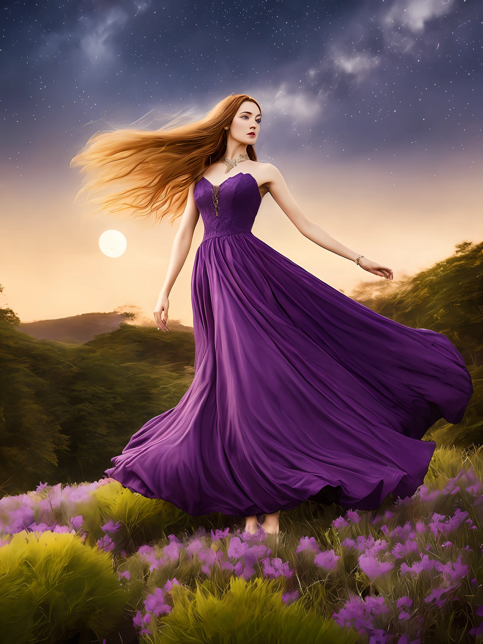 A woman with flowing hair with a long dress moving with the wind moon starry sky garden purple flowers ultra realistic great quality well detailed masterpiece intricate gothic style magic mysterious movie scene depth field 1:4 extremely beautiful and enigmatic golden age
