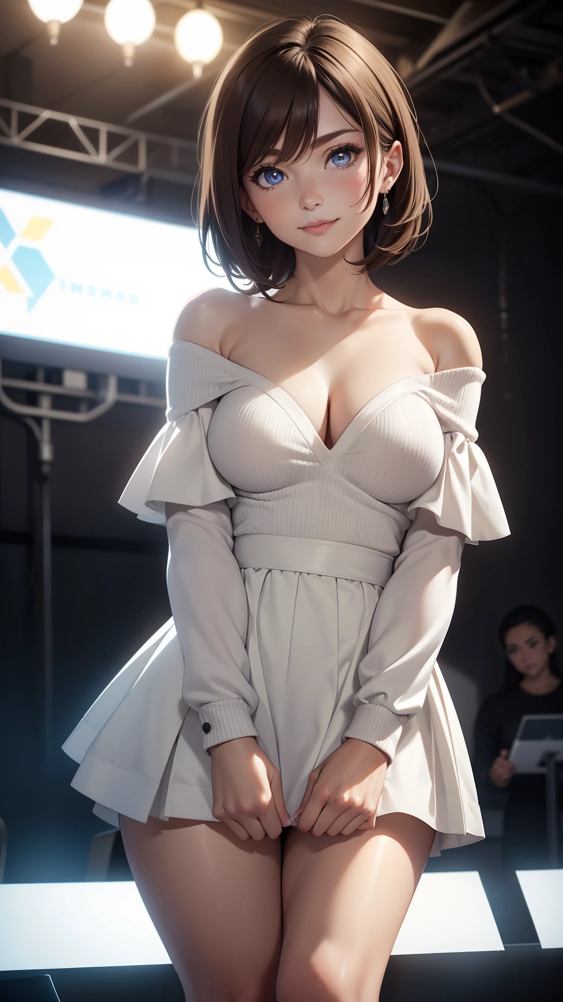 A girl playing a grand piano, concert hall, short hair, large breasts, exposed breasts, cleavage of the breast, nipples, a miniskirt, voluptuous thighs, pure white dress, pearl necklace, pearl earrings, elegant posture, graceful fingers, soft lighting, classical music ambiance (best quality, 4k, highres, masterpiece:1.2), ultra-detailed, photorealistic:1.37, portraits, vibrant colors, warm and gentle color tones.