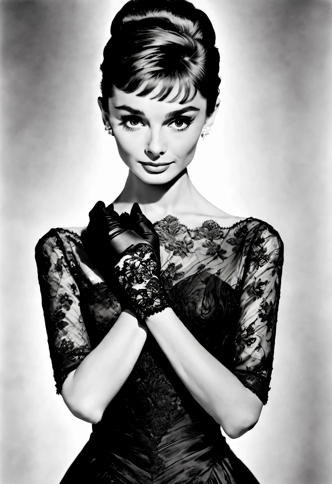 Ink art style, (Audrey Hepburn elegantly puts her hands on her chest), (Wear high-end lace evening gown gloves), White background,
dramatic contrast, Hair texture clear and shiny, Emphasis on the depiction of exceptionally beautiful and bright eyes, smooth skin, portrait, beautiful details, Super intricate and refined details, Outline with black ink, smooth lines, Express the characters’ expressions and postures through the contrast of ink shades. Simple background, Emphasis on light, shadow, and a sense of space,