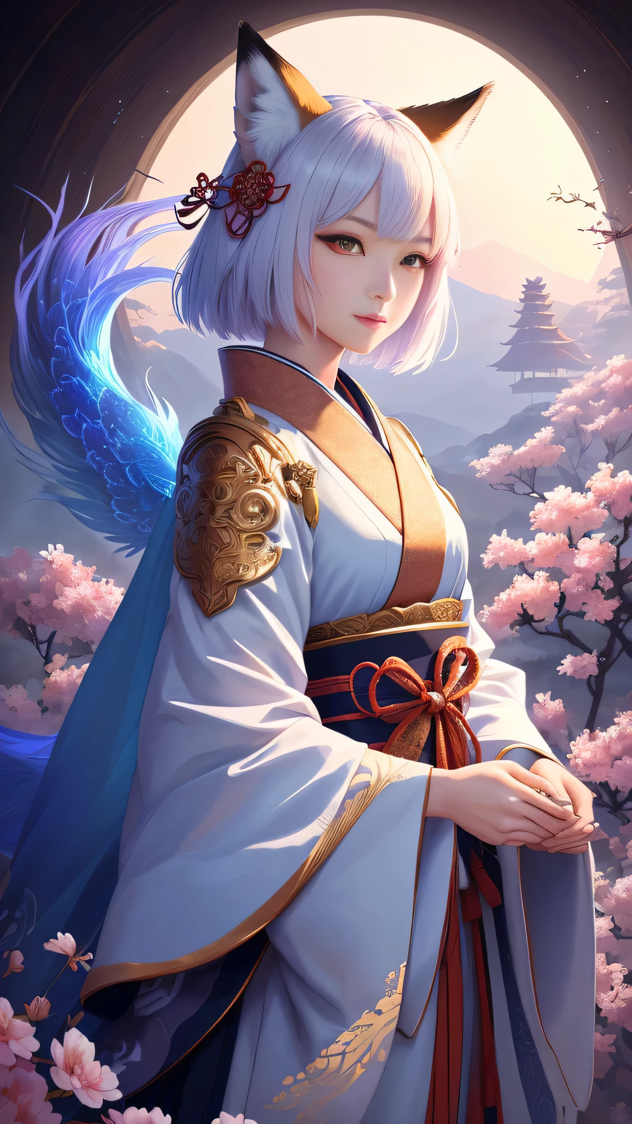 masterpiece , highest quality, frontのクローズアップ,Upper body,beautiful short hair, masterpiece, japanese architectureの背景,beautiful details, colorful, delicate details, delicate lips, intricate details, genuine, ultrargenuineista, 枝に座っている色とりどりの髪のFoxを持つ女の子:mature, bright eyes, ,色とりどりのFox, Raposa the Nine Tails, 三尾Fox, 三尾Fox, Onmyoji detailed art, beautiful fine art illustration, mythical creatures, Fox, beautiful digital art,shrine maiden,japanese architecture,Holding hands,exquisite digital illustration, mizutsune, Inspired by mythical wild nest creatures, pixiv in digital art, dazzling light, high contrast, Mysterious,枝に座っている色とりどりの髪のFoxを持つ女の子,front,look at the camera