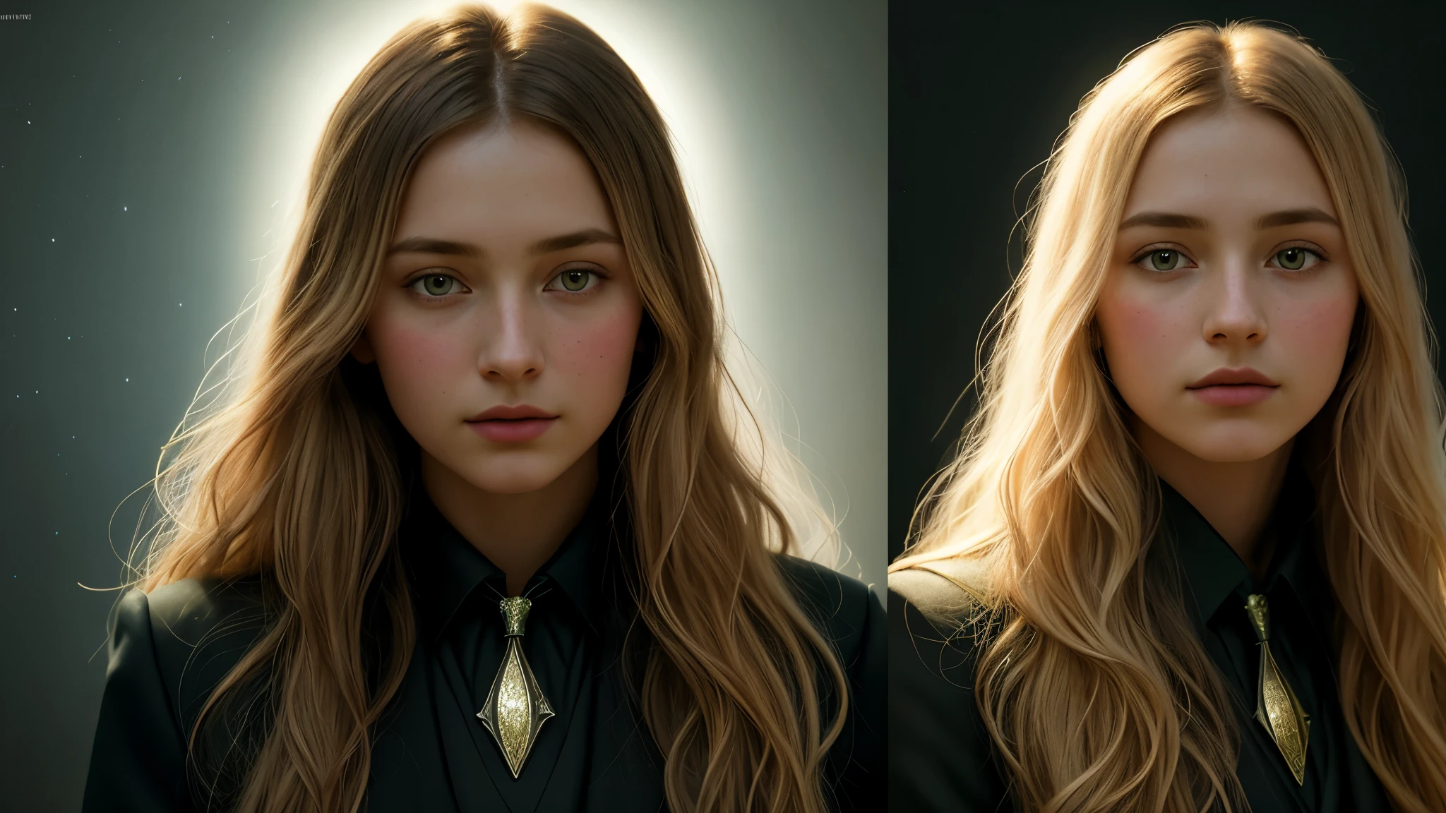 (front focus),(in the dark:1.6), Surrealistic Portraits of Women by David Hockney and Alphonse Mucha, fantasy art, Realistic photos, dynamic light, art station, poster, Volumetric light, Very detailed face, 4K, 1 girl, in the dark, deep shadow, low noise, cowboy shoot, (formal clothes:1.4), Shoulder length hair, with light blonde hair,