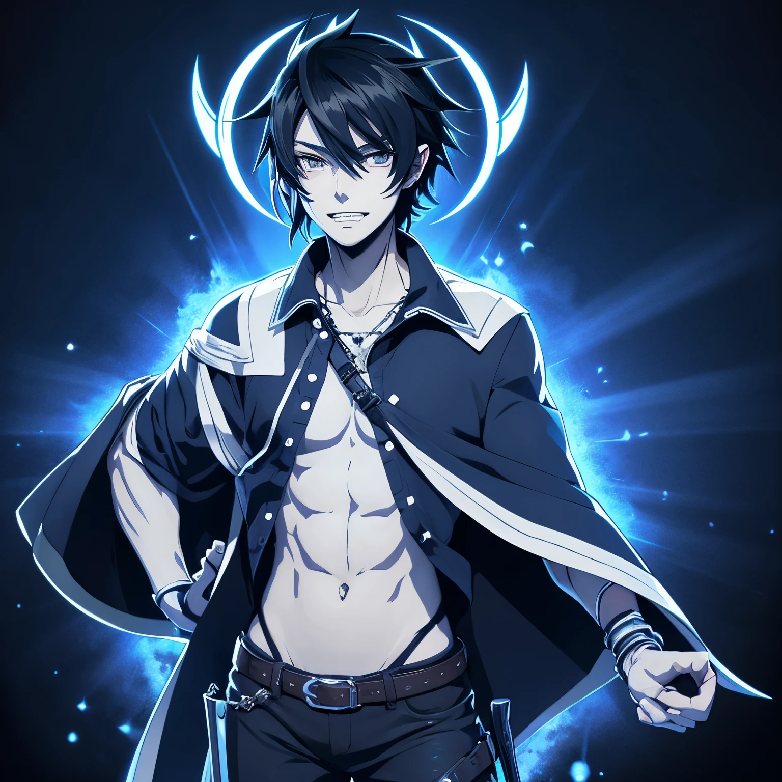Detailed Anime Style, Masterpiece, Studio Quality, 6k, Full Body Shot, 1boy, Demon, Tusks, Teeth, Gray Eyes, Colored Skin, (Blue Colored Skin 0.9), Goth, Heavy Set, Black Hair, Detailed Background, Japenese Modern Town, Complementary Colors, Cinematic Lighting, Detailed Shading, Digital Texture Painting