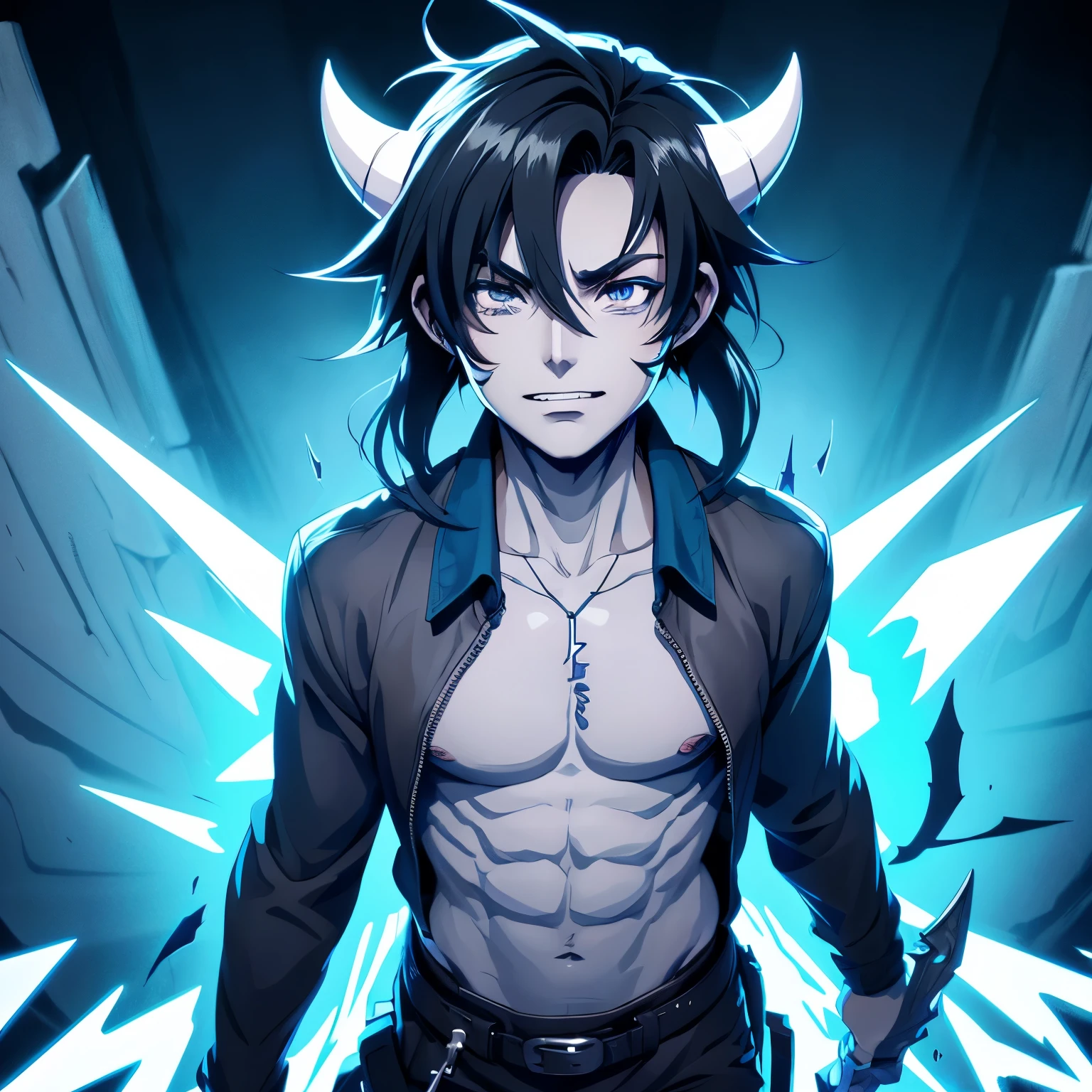 Detailed Anime Style, Masterpiece, Studio Quality, 6k, Full Body Shot, 1boy, Demon, Tusks, Teeth, Gray Eyes, Colored Skin, (Blue Colored Skin 0.9), Goth, Heavy Set, Black Hair, Detailed Background, Japenese Modern Town, Complementary Colors, Cinematic Lighting, Detailed Shading, Digital Texture Painting