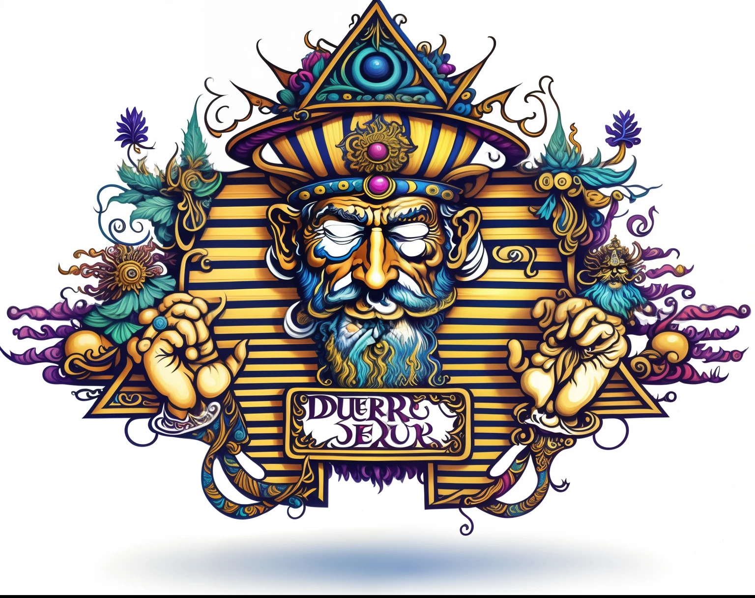 a cartoon image of a man with a hat and beard holding a sign, monge, Psytrance artwork, arte oficial, dmt deus, high detailed arte oficial, humanoid mongeey fantasy race, psychedelic illustration, mongeey, Monstro Idoso, Arte DMT, Templo DMT, Psytrance, in style of mongeeybone, deus rei da arte ai, psychedelic dmt