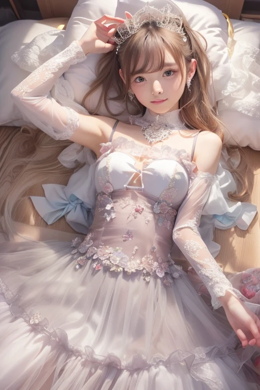 Masterpiece, top quality, highly detailed, dress, alone, ((contrasting eyes)), lying down, arms raised, armpits, from above, Japanese, smiling, bedroom