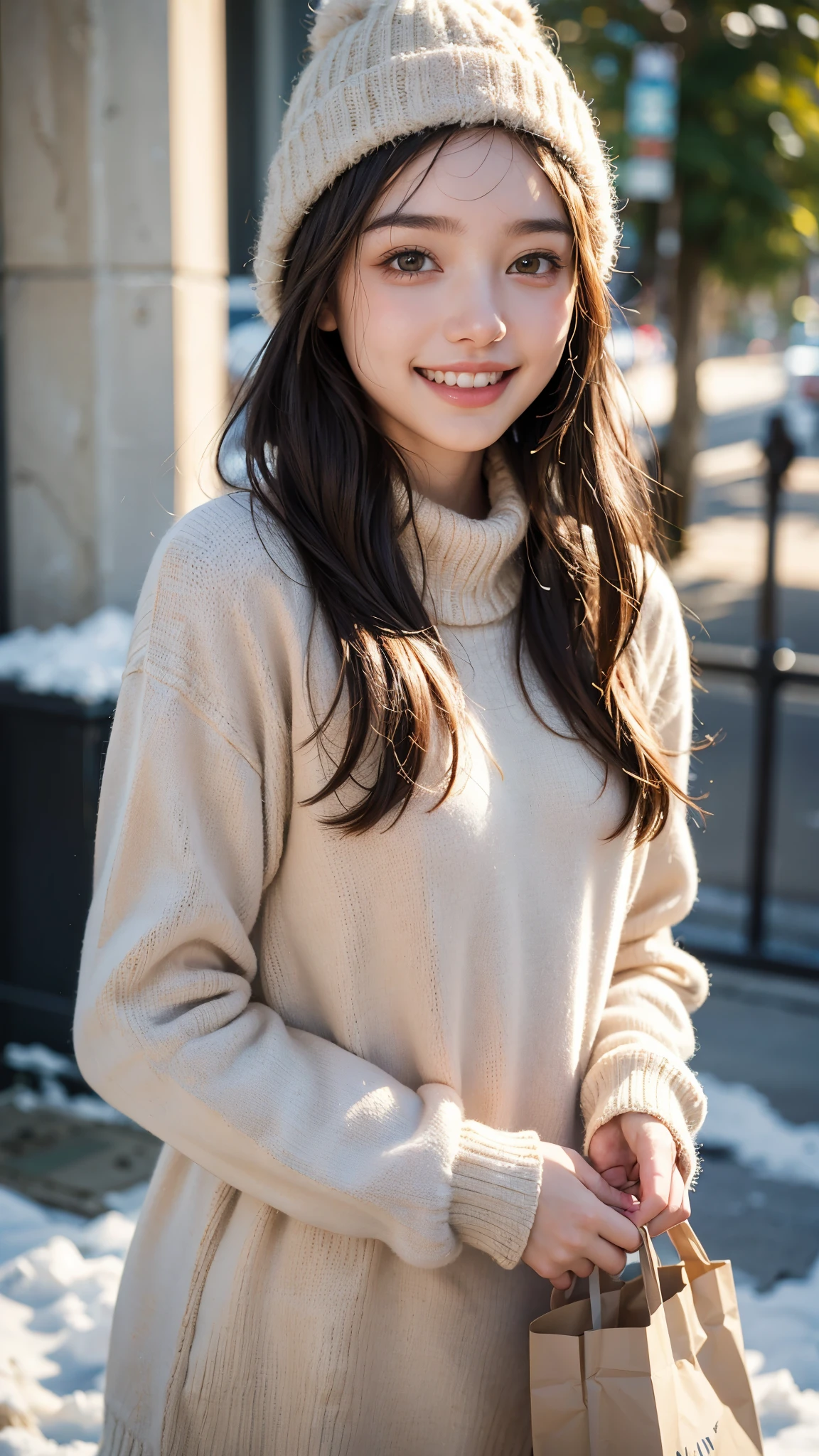 highest quality, masterpiece, ultra high resolution, (realistic:1.4), (portrait facing each other) RAW photo, 1 girl, 18-year-old,((winter school uniform)),((Knit hat and muffler)),((Hold out a paper bag containing a gift to the viewer with both hands.)),((looking up at the viewer)),(blush),masterpiece, realistic pictures, saturation, contrast, ((small breasts)),((smile showing teeth)),short hair,