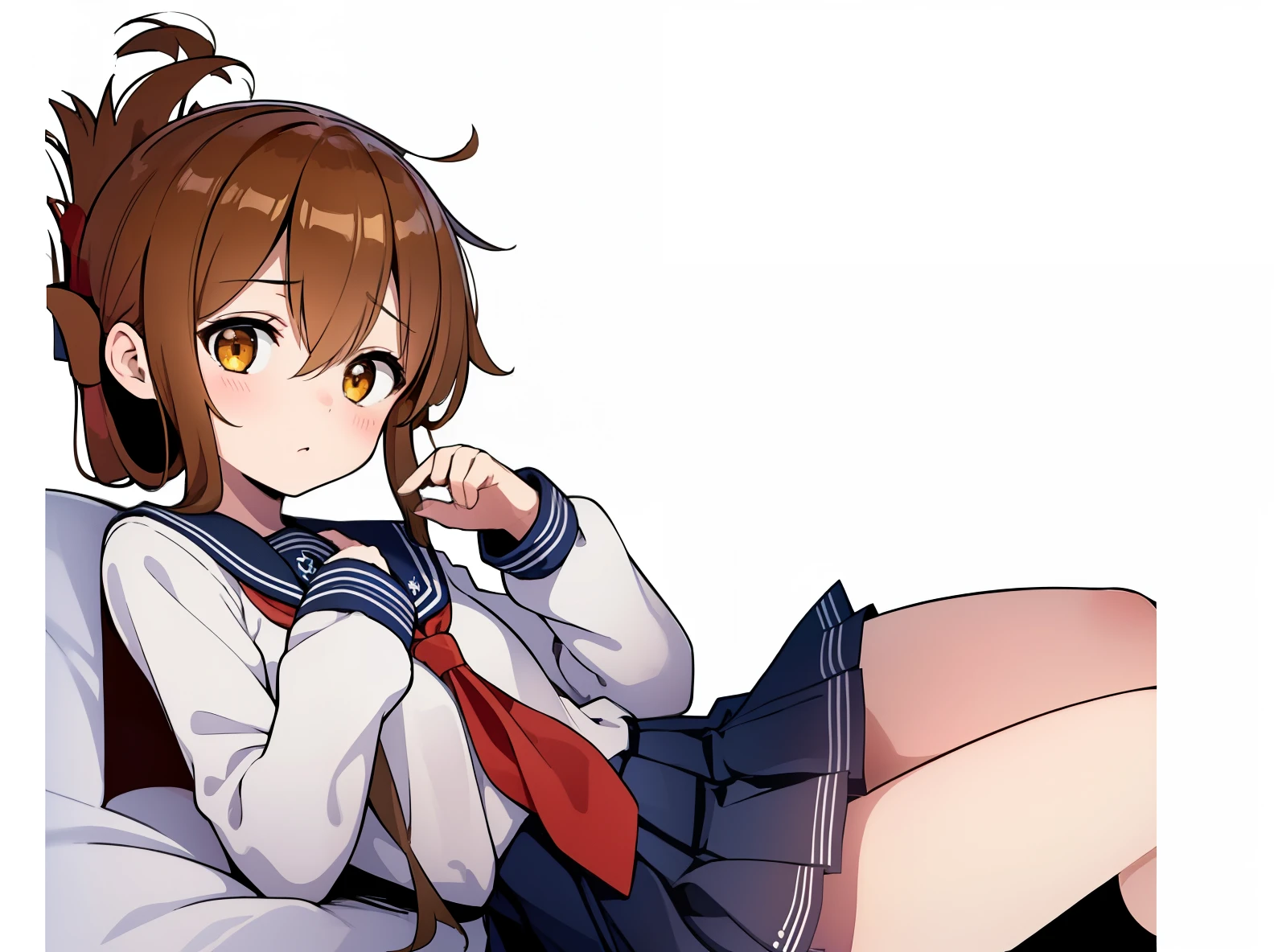 (masterpiece, best quality:1.2),illustration,8k,hd,1girl,solo,upper body,(portrait:1.2),brown_hair,folded_ponytail,brown_eyes,serafuku,long_hair,school_uniform,skirt,pleated_skirt,